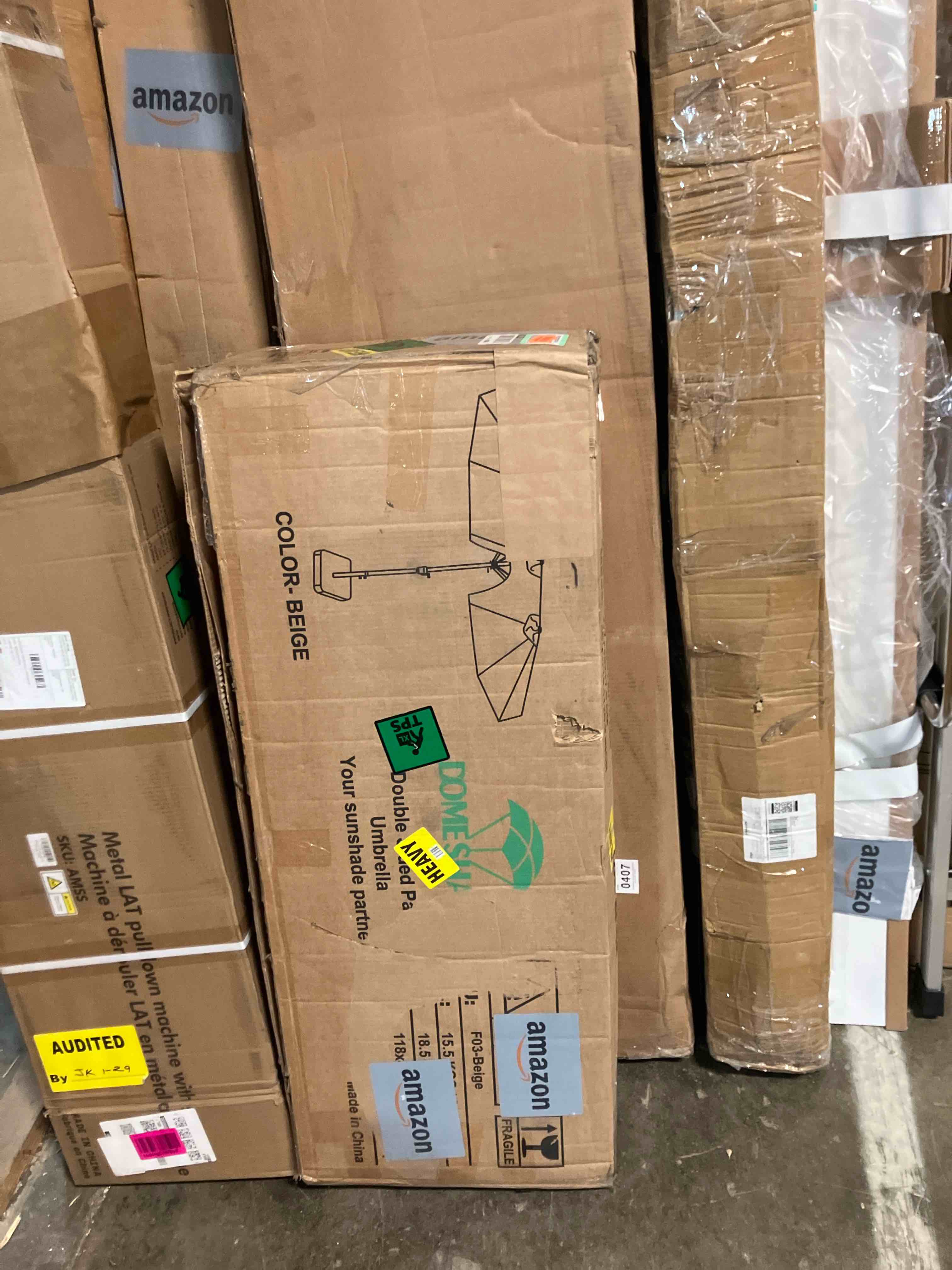 Condition photo showing New/Like New for Double Sided Patio Umbrellas - 15ft Solar Lights LED Lighted Outdoor Extra Large Market Table Umbrella with Base Included, Oversized Umbrella for Deck, Pool, Backyard Beige