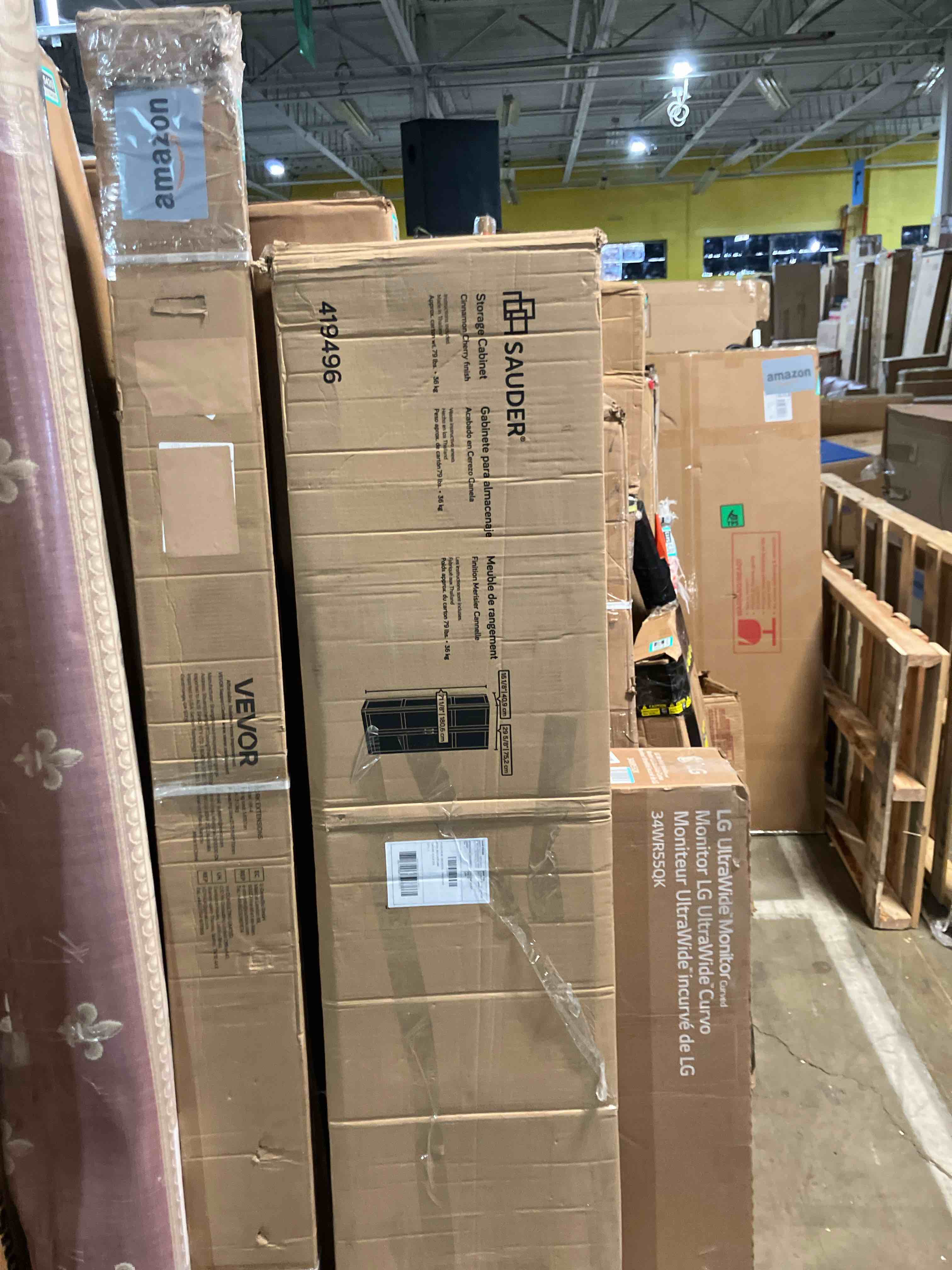 Condition photo showing As Is for Sauder Storage Cabinet/ Pantry cabinets, 29.61 " x D: 16.02 " x H: 71.50", Cinnamon Cherry finish (Missing hardware)