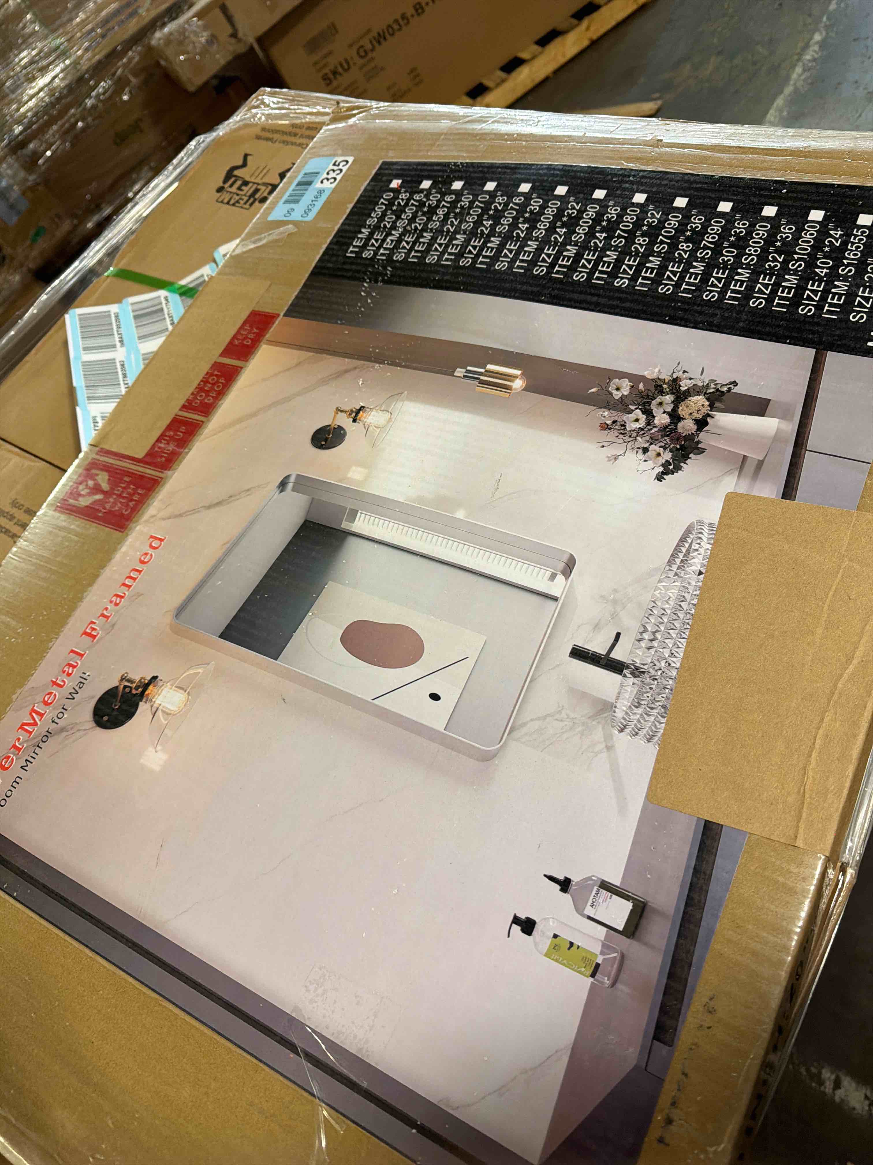 Condition photo showing As Is for LOAAO 20X30 Inch Brushed Nickel Bathroom Mirror, Rounded Rectangle Silver Metal Frame Mirror, Brushed Nickel, Anti-Rust, Shatter Proof, Hangs Horizontally or Vertically Brushed Nickel 20"L x 30"W