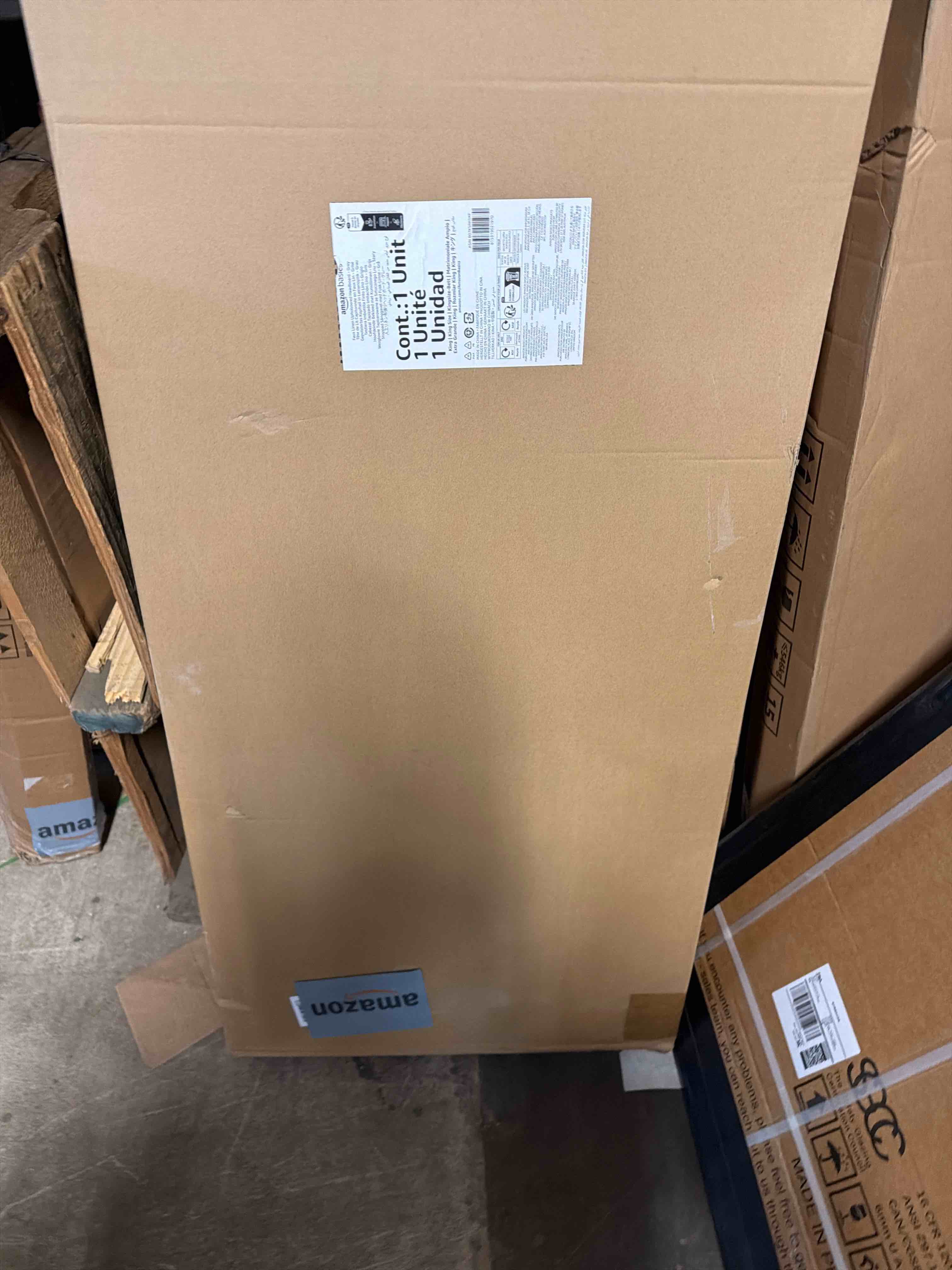 Condition photo showing New/Like New for Amazon Basics Faux Linen Upholstered Tufted Headboard with Adjustable Height, King, Gray Gray King