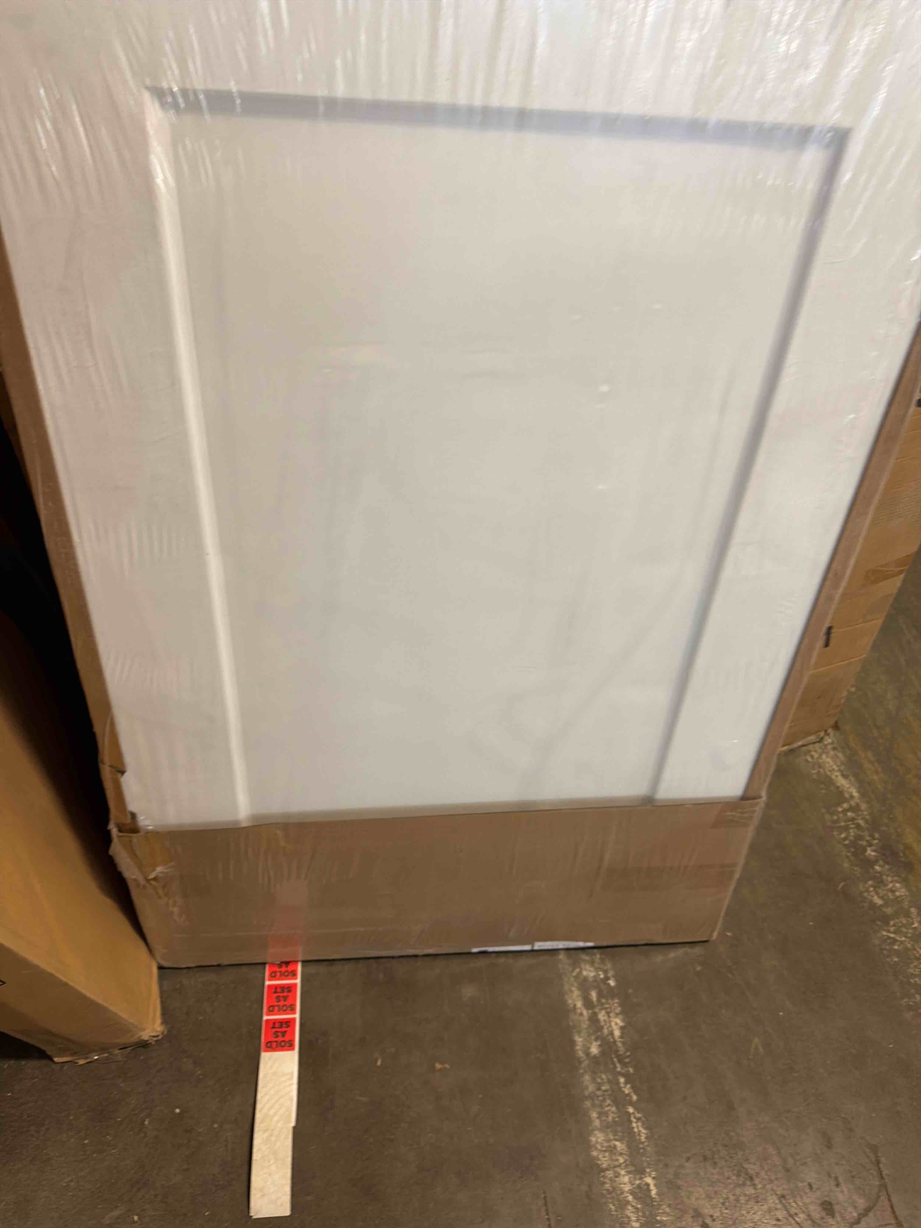 Condition photo showing As Is for BarnSmith 30"x84" Concealed Sliding Barn Door, White Primed Flush Panel Solid Core Sliding Hidden Barn Door with Soft Close Installation Hardware and Double Sided Pulls Included