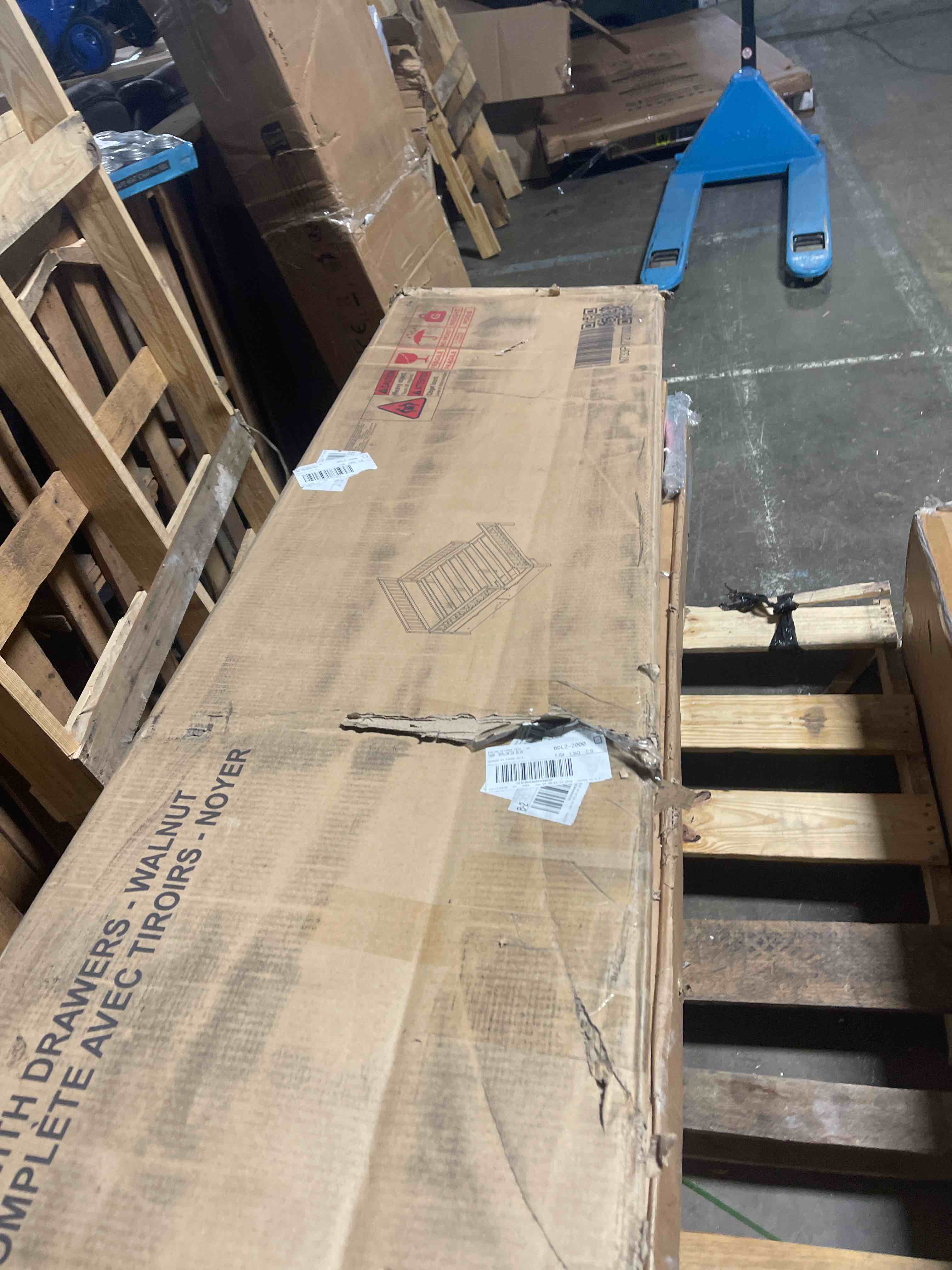 Condition photo showing As Is for Full Size Wood Platform Bed with 2 Storage Drawers, Guardrails on Both Sides, Solid Wood Frame with Headboard and Footboard, Walnut Finish