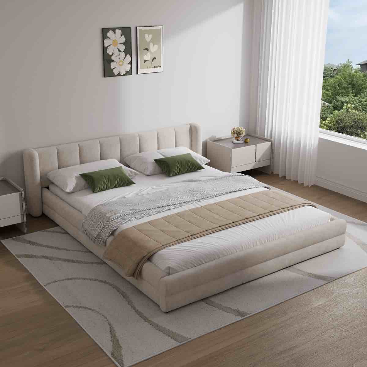 Queen Size Chenille Upholstered Low Bed Frame, Platform Bed With Wingback Headboard(Incomplete side boards only)