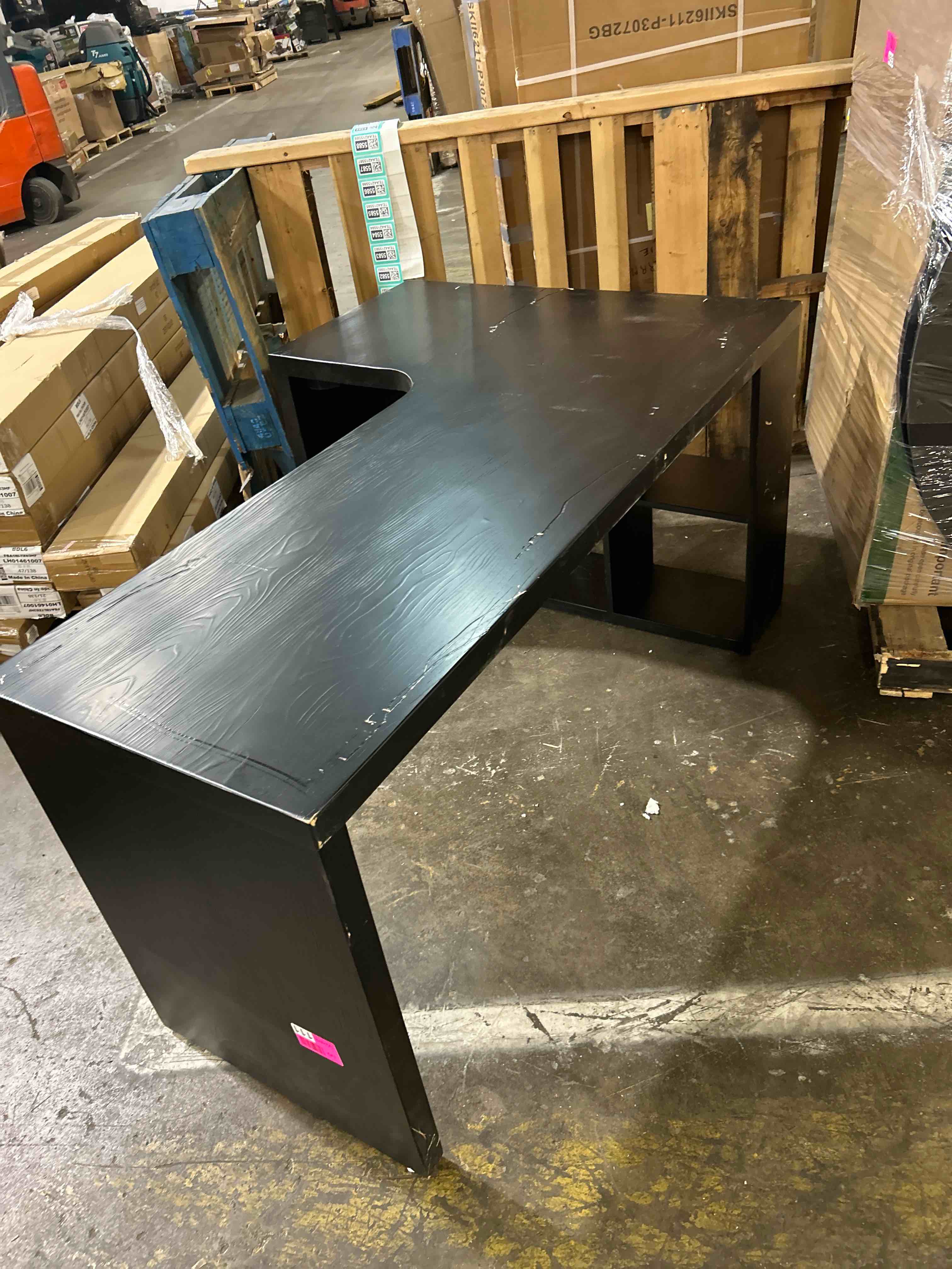 Condition photo showing As Is for HSH Black L Shaped Desk with Drawers Shelves, 360 Rotating Home Office Desk L Shape with Storage Cabinet, Corner Wood Computer Table for PC Executive Work Study Writing in Bedroom Living Room, 55 in(similar desk a lot of scratches)