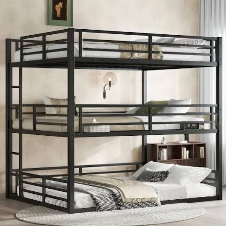 Bunk Bed, Heavy-Duty Metal Triple Bunk Bed with Guardrails and Noise-Reducing Design, Space-Saving