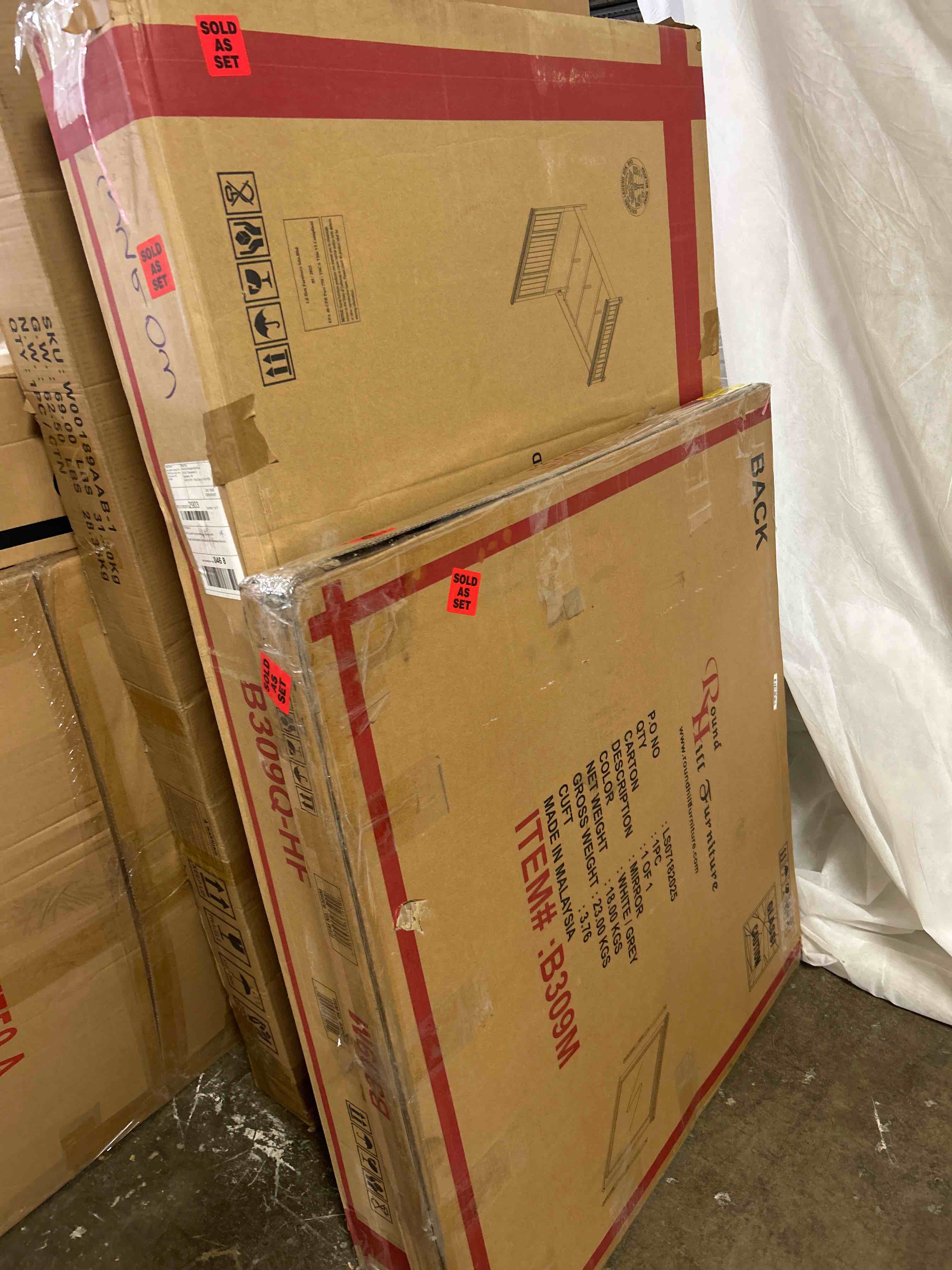 Condition photo showing As Is for Semaj Wood Distressed Bedroom Set with Panel King Bed, Dresser, Mirror, 2 Nightstands, Chest(2 boxes out of 7 only)