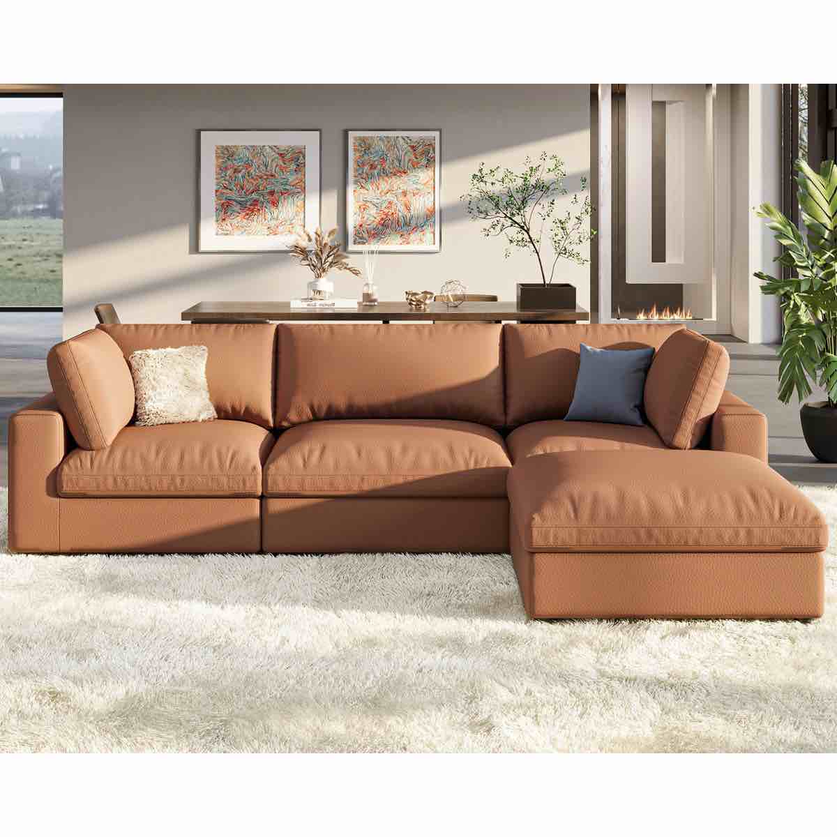 Modular Sectional Sofa, 152 Inches Down Filled Sectional Sofa, U Shaped Cloud Couch With Chaise, Ottoman, Oversized Couch For Living Room, Brown Anti-Scratch Leathaire Couch Set(corner piece only )