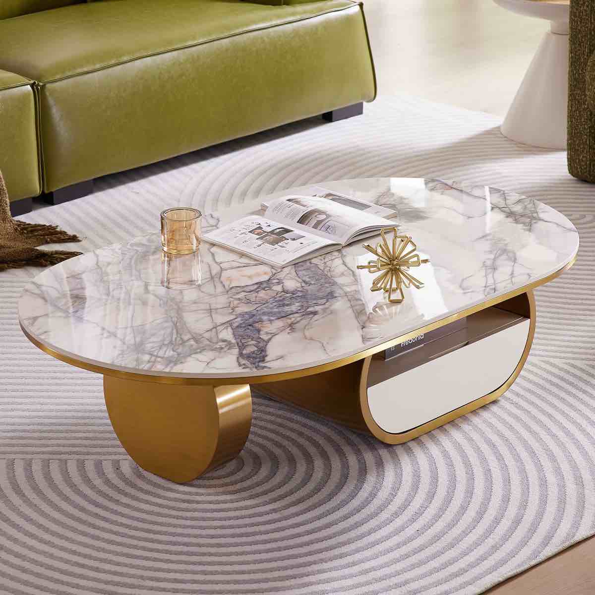 55.2" Modern Luxury Oval Faux Marble Coffee Table, Gold Oval Coffee Table with Storage Drawer & Open Shelf, Sintered Stone Top(Top only no base)