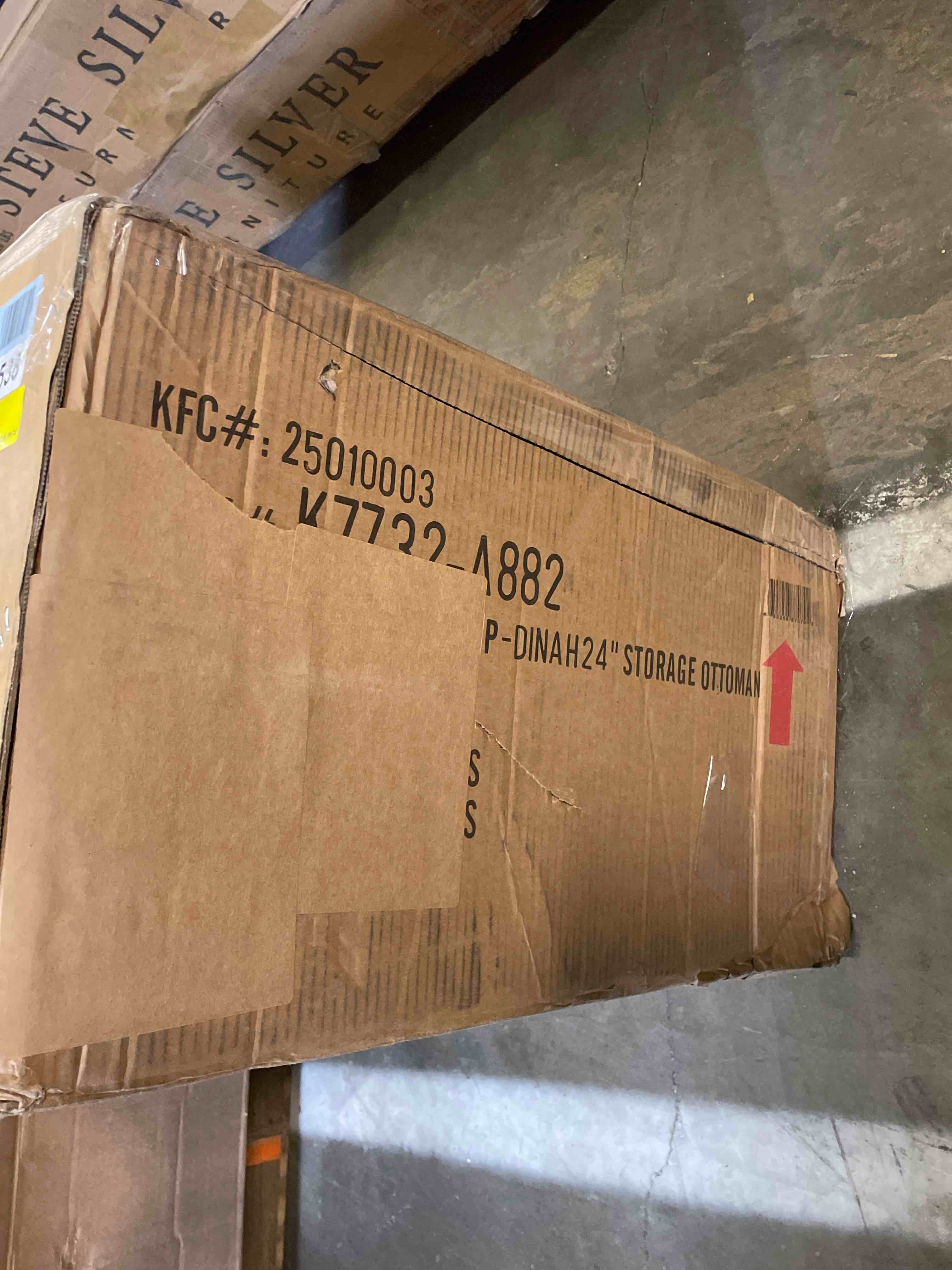 Condition photo showing As Is for Homepop Home Decor |K7646-A879| Upholstered Modern Rectangular Storage Ottoman | Hinged Lid Ottoman with Storage for Living Room & Bedroom, Blue Denim Jacobean Print (used)