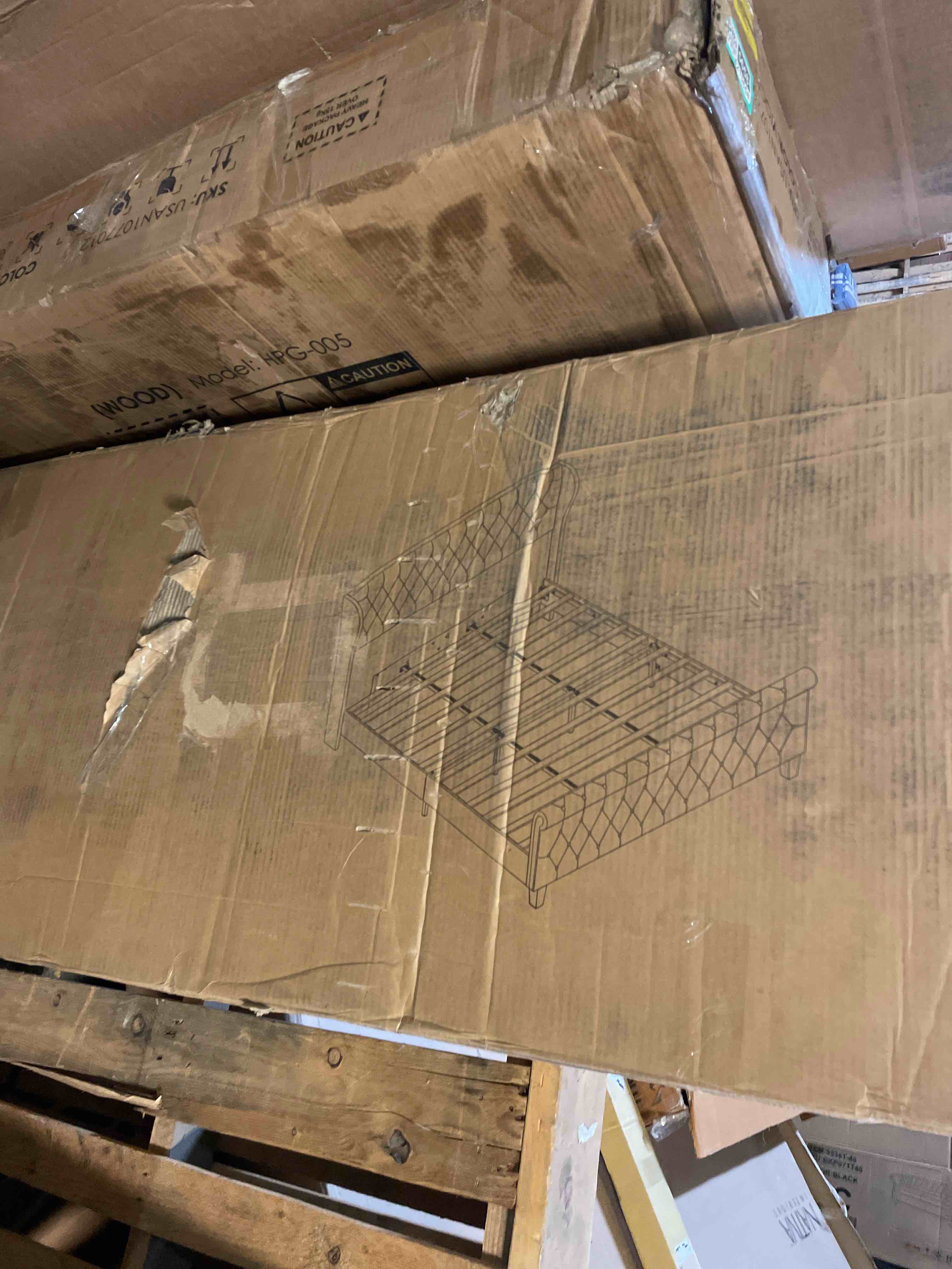 Condition photo showing Good Condition for Merax 43.3" Tall Velvet Upholstered Sleigh Bed with Wingback Headboard & Scroll Footboard, King Size Platform Bed Frame,Button Tufted Bed Frame,No Box Spring Needed, Sturdy Support, Beige (used) 