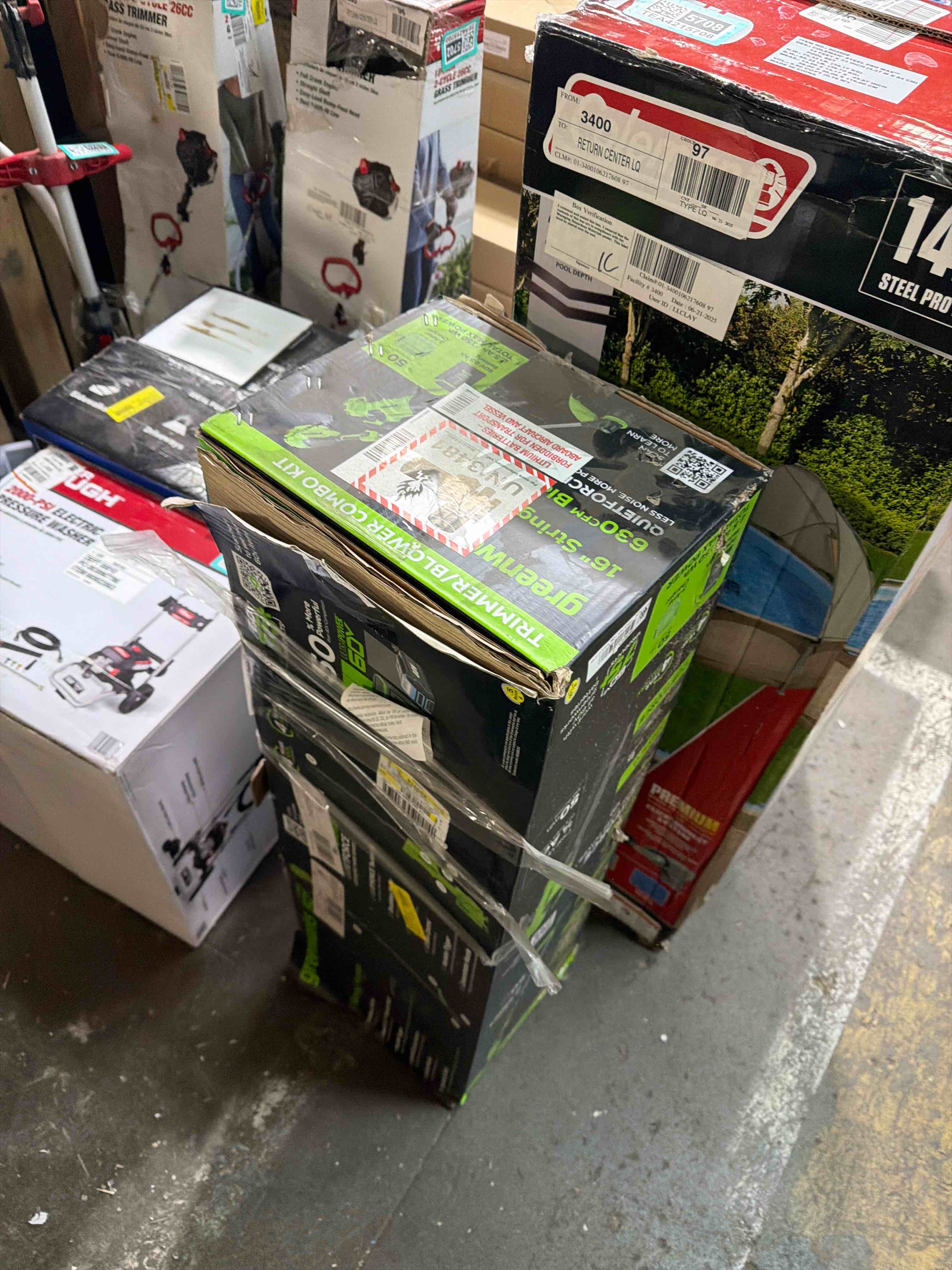 Condition photo showing As Is for Greenworks 60V 16" String Trimmer & 630 CFM 170 MPH Blower Combo + 2.5Ah Battery, 3A Charger 1359802