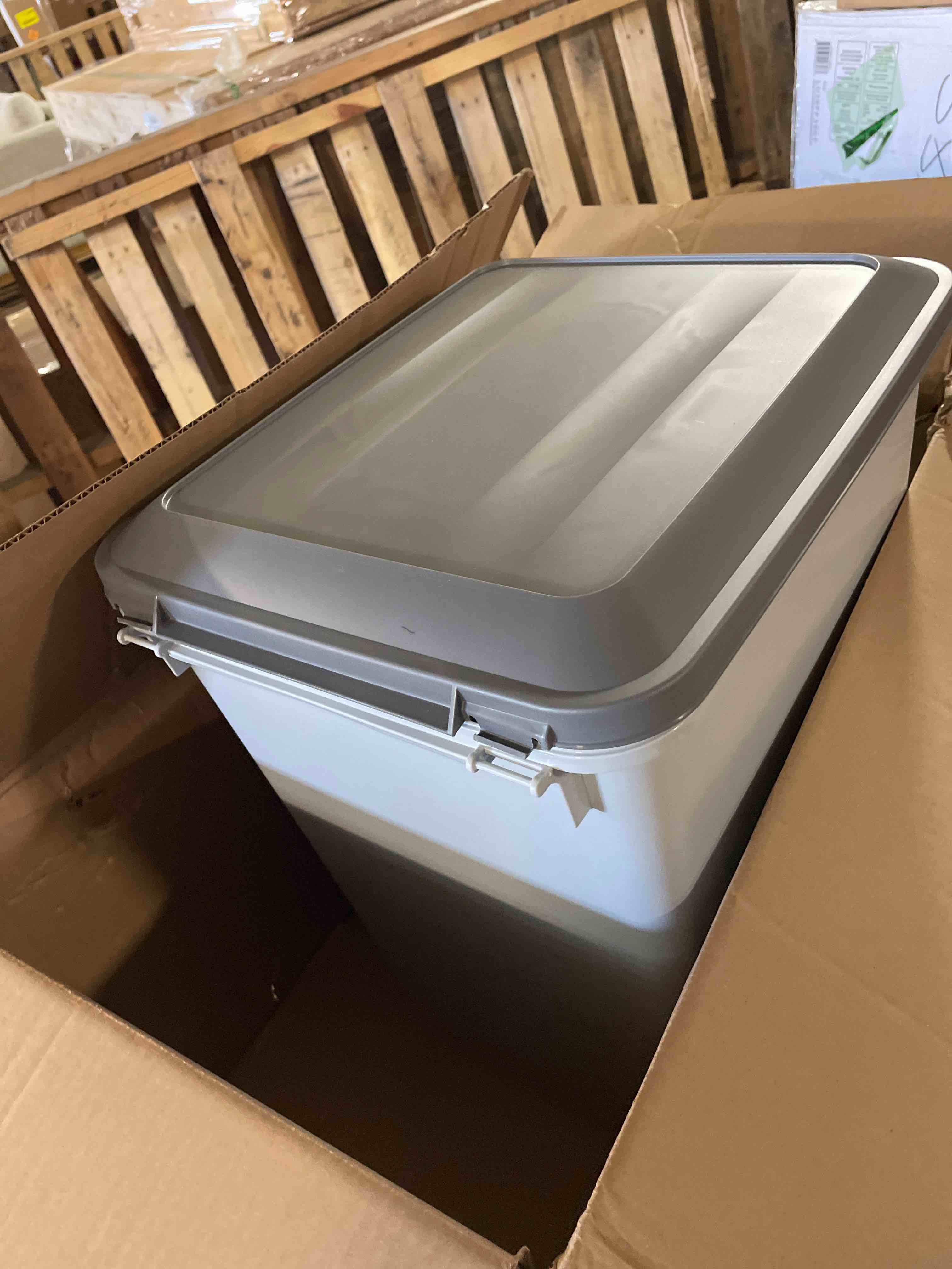 Condition photo showing As Is for IRIS USA Dog Food Storage Container, 30 lbs & 11 lbs Combo, Cat Food Storage Container, Dog Treat Container, Airtight, Stackable, 2-Cup Scoop, Wheels, Easy Mobility, Gray