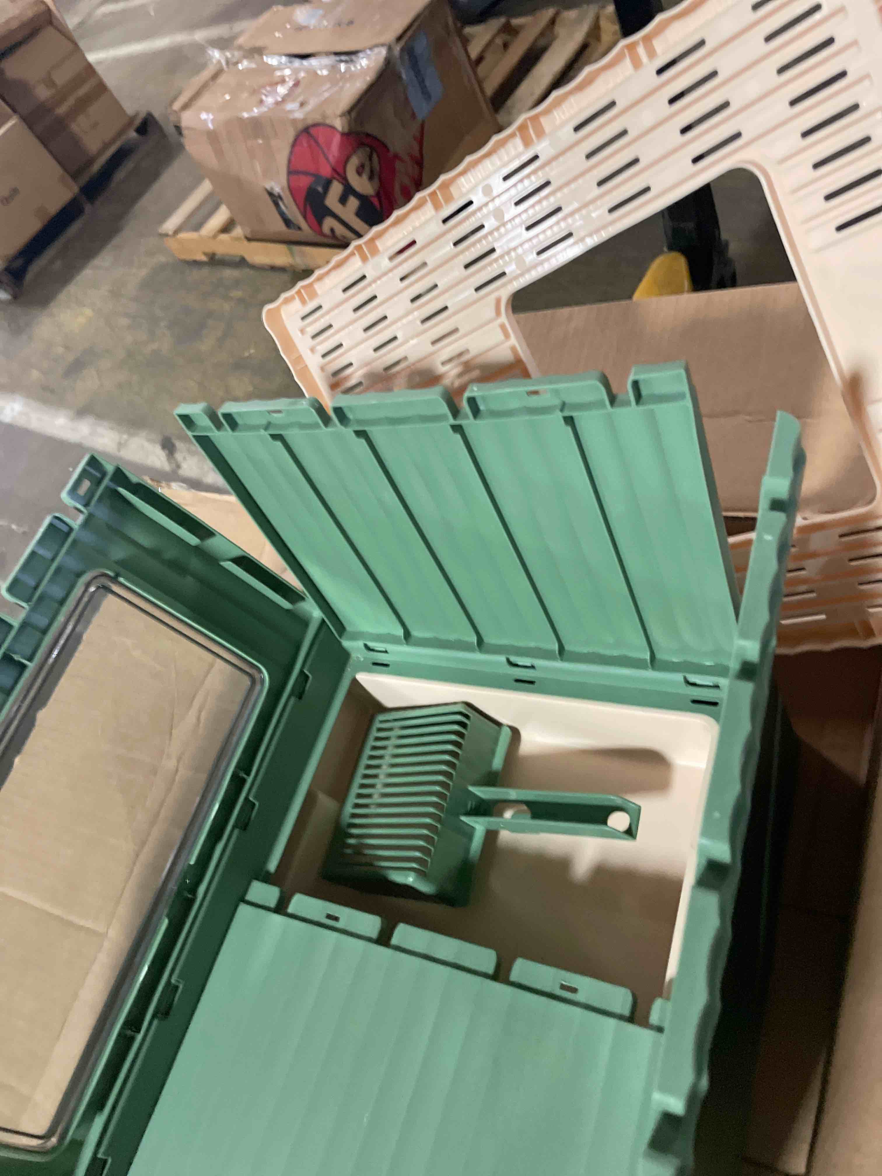 Condition photo showing As Is for enclosed litter box foldable top entry drawer type, anti splashing cat toilet box for adult cat and kitten, collapsible enclosed cat litter box with pull out tray (green)