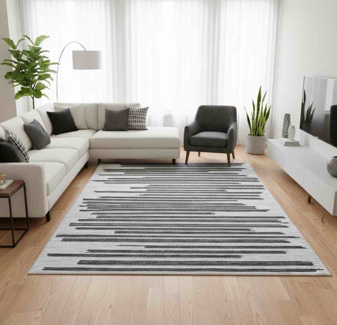 GarveeHome Beige Black 5x7 Washable Area Rug for Living Room: Modern Striped Washable Living Room Ar