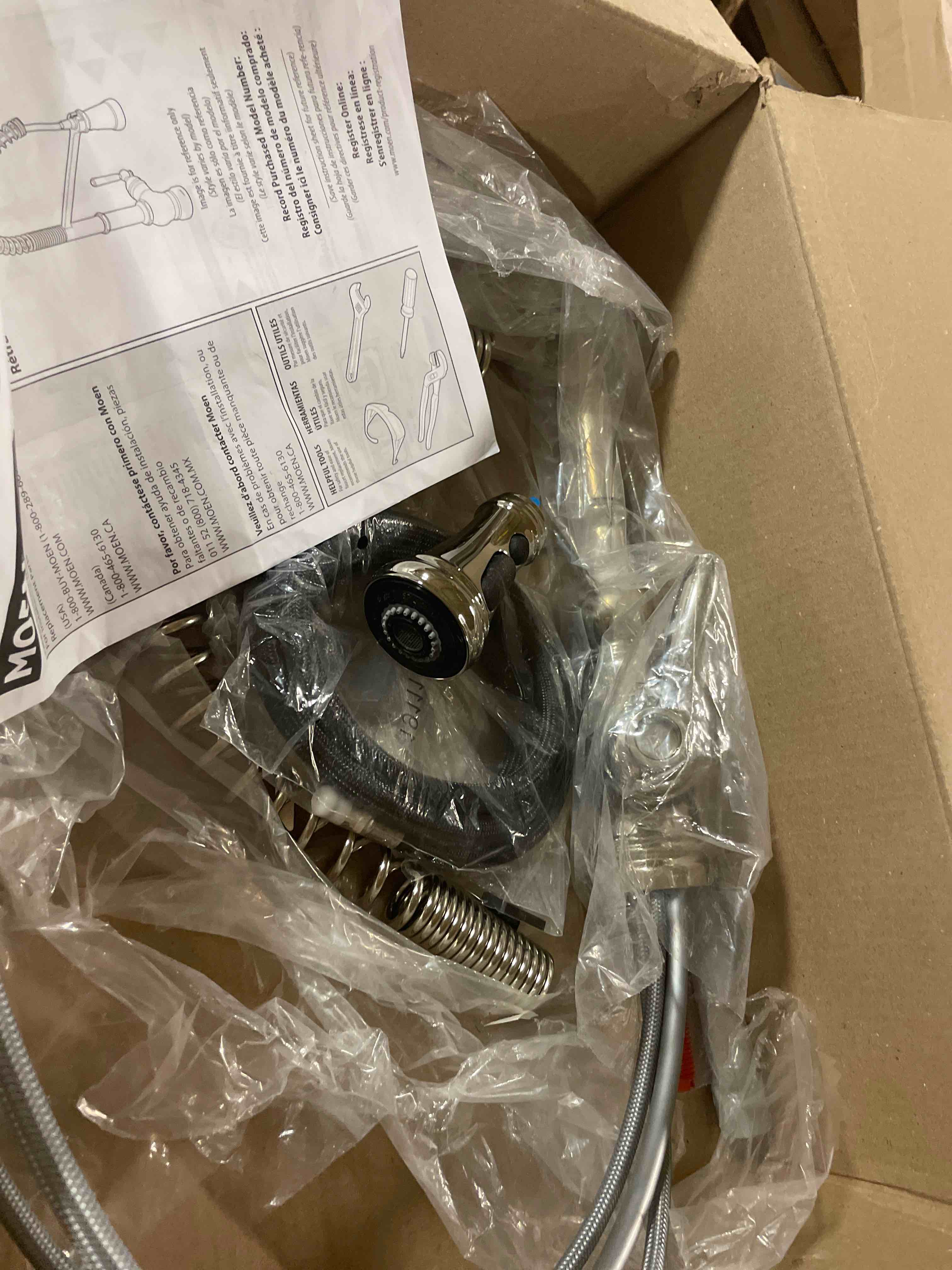 Condition photo showing As Is for (diff style)) Moen Adler Spot Resist Stainless One-Handle High Arc Pulldown Kitchen Faucet with Power Clean, 87233SRS Spot Resist Stainless Standard