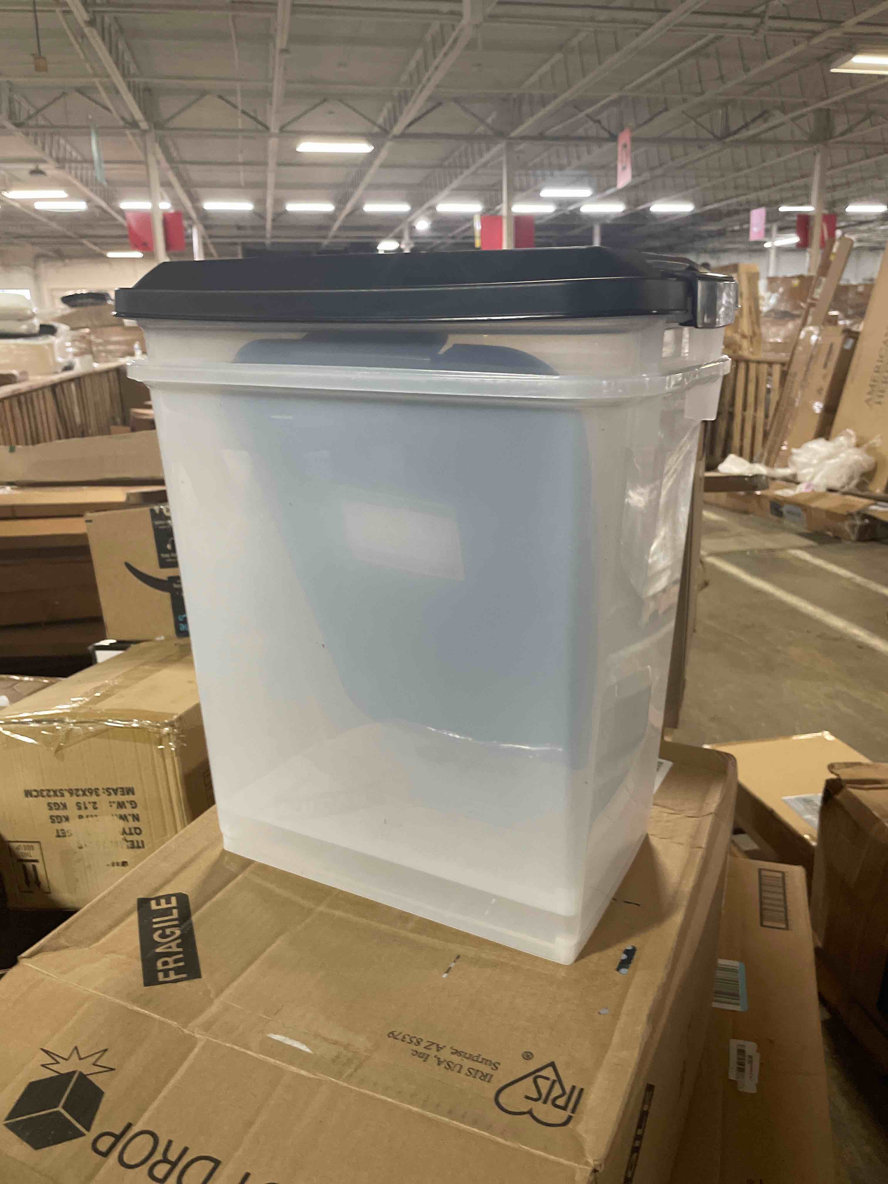 Condition photo showing New/Like New for IRIS USA Dog Food Storage Container, 2 Pack, Up to 30 lbs Each, Airtight Seal for Freshness, Wheels for Rolling, Easy One Hand Opening, Made in USA, BPA Free, Clear/Black