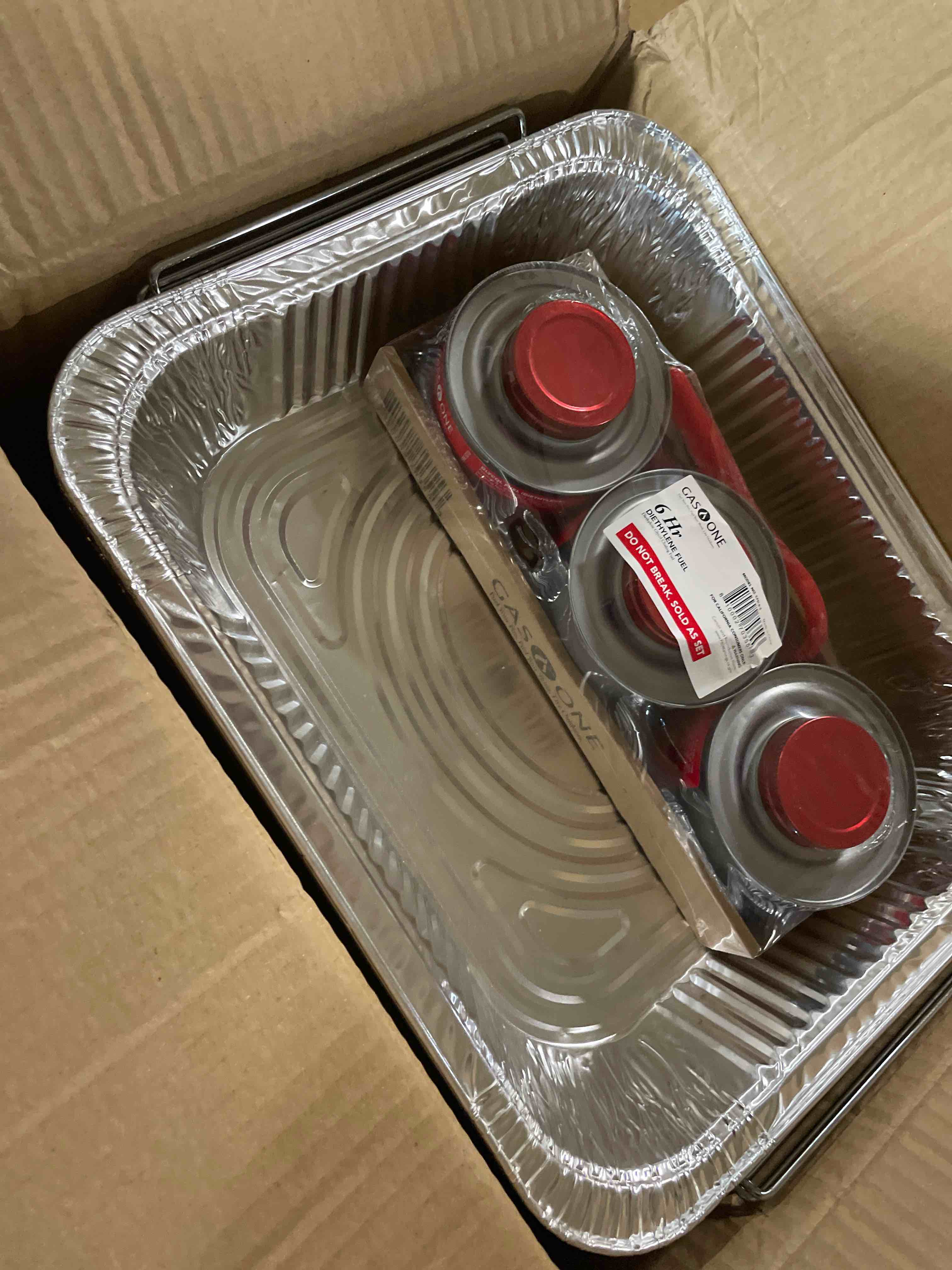 Condition photo showing Good Condition for Alpha Living 6 Pack Refill Kit - Disposable Chafing Dish Buffet Set, Welded Body Food Warmers for Parties, Fuel Cans, Half Size Pans, Warming Trays Refill Kit (No Racks)
