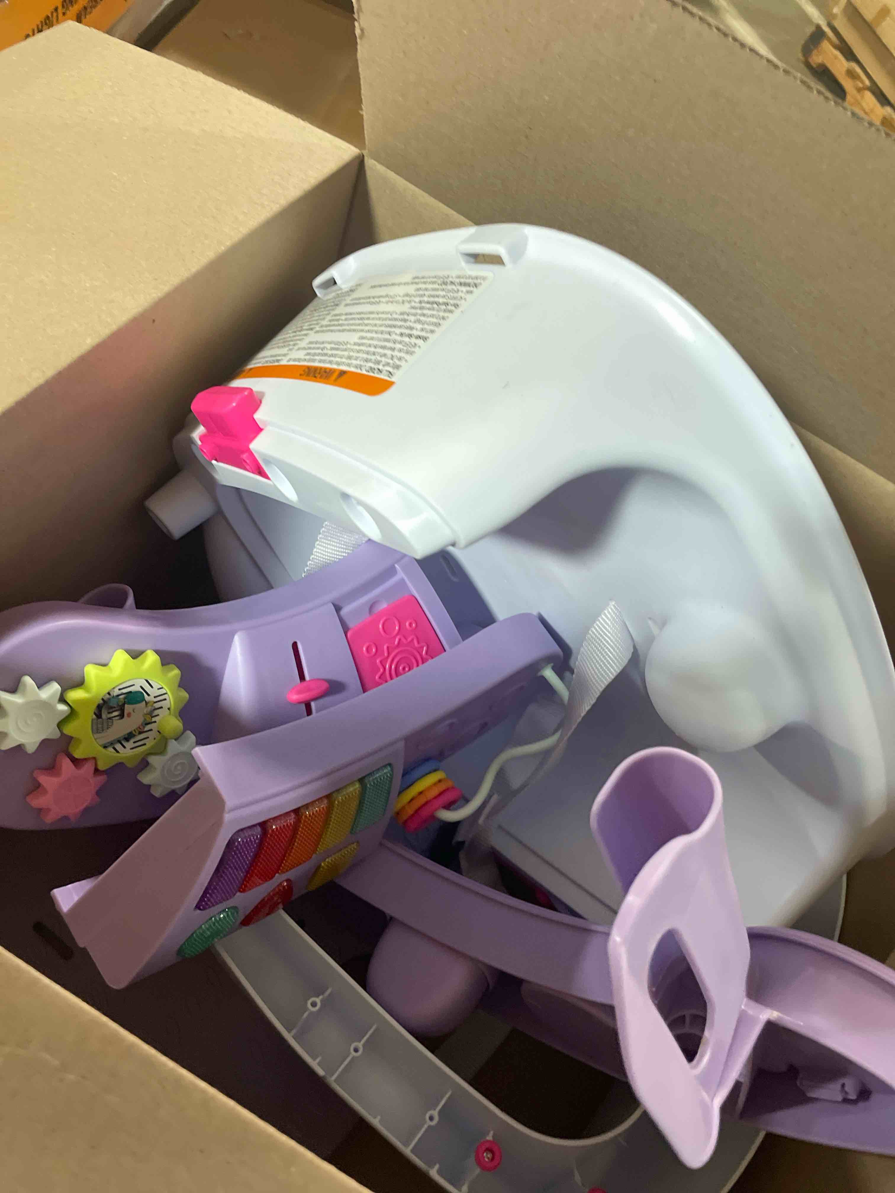 Condition photo showing Good Condition for Infantino Music & Lights 3-in-1 Discovery Seat & Booster, Toddler Booster Seat for Dining Table or Kitchen Chair, Baby Activity Center & Snack Tray, Lavender Lavender Seat