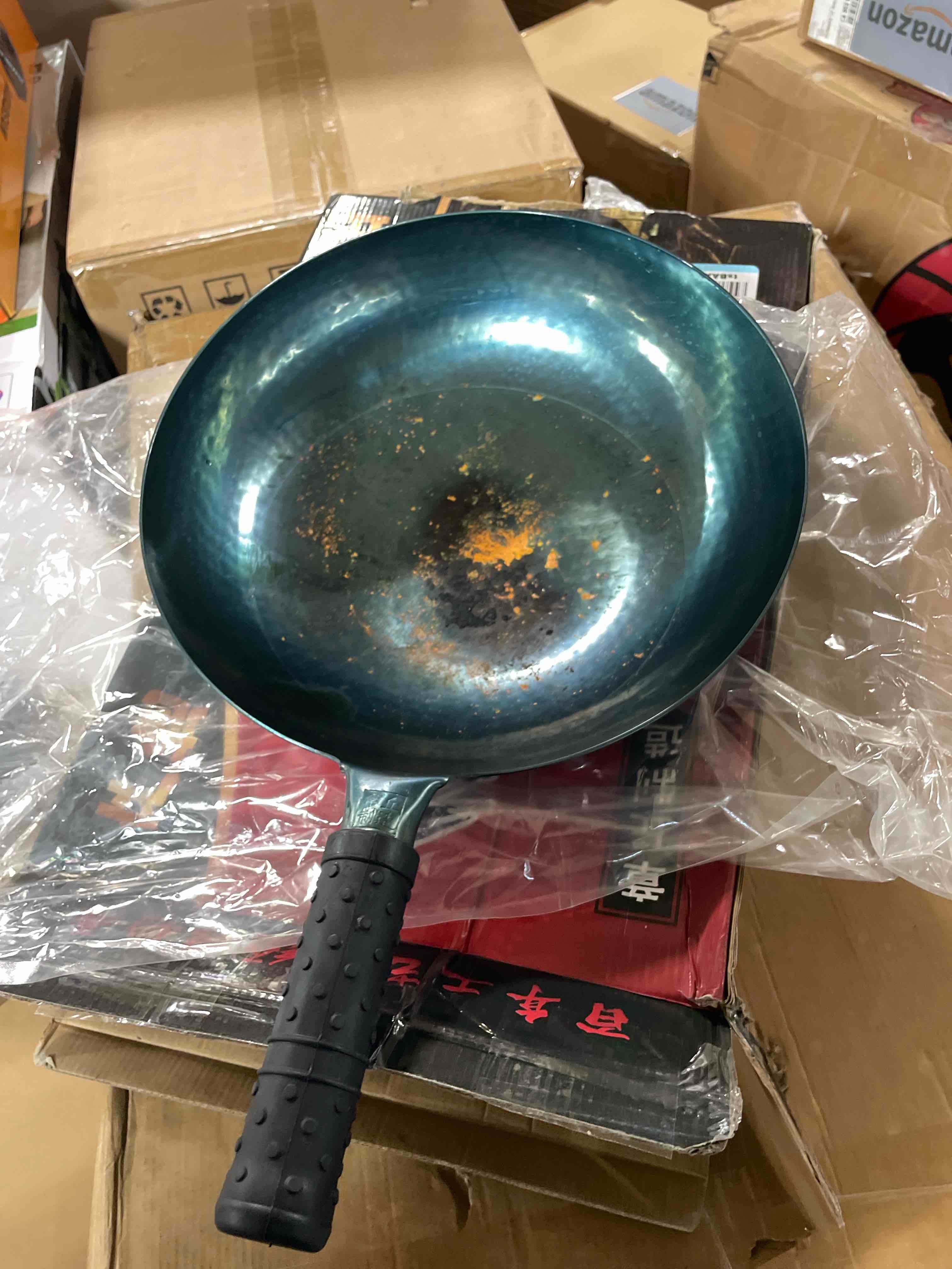 Condition photo showing As Is for 13 Inch Chinese Hand Hammered Iron Wok and Stir Fry Pans with Lid Round Bottom Wok Pan Non-stick No Coating Ideal for Home Use and Gift Giving