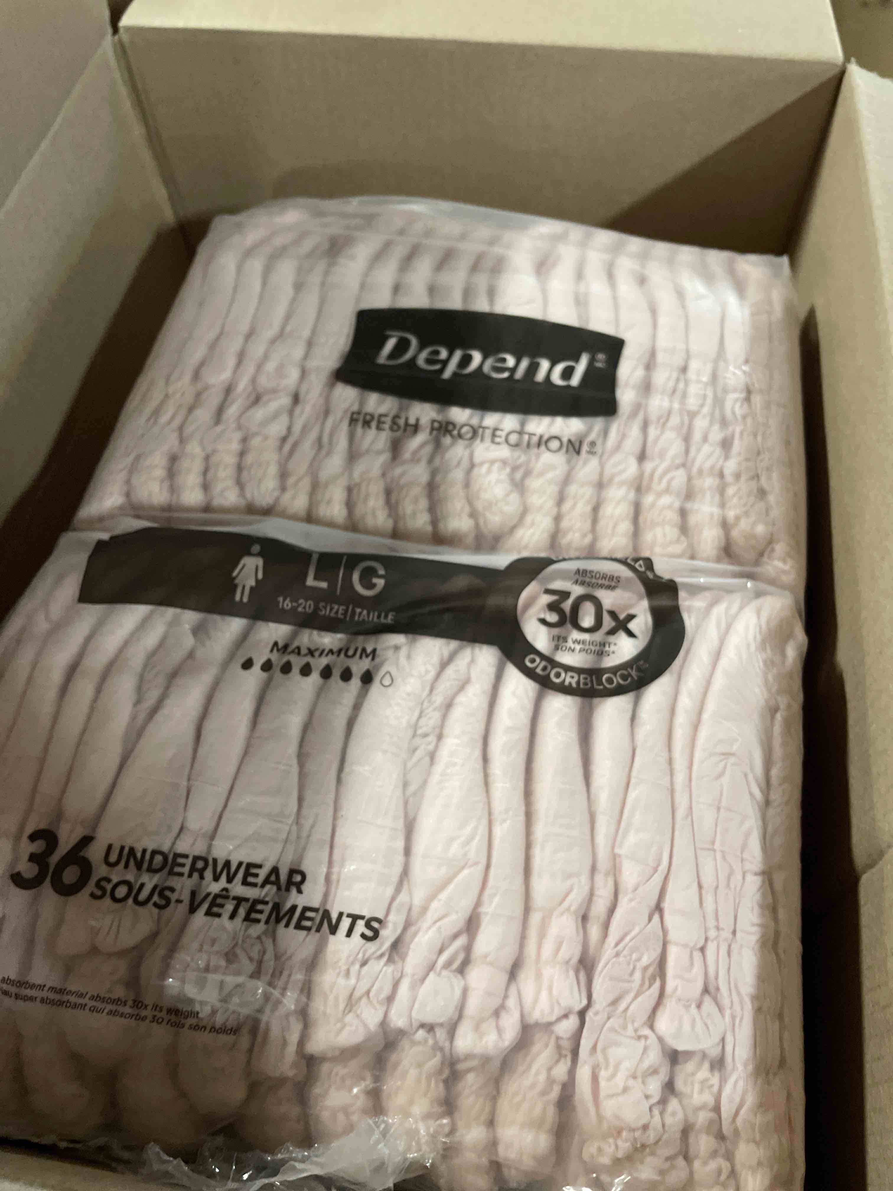 Condition photo showing New/Like New for Depend Fresh Protection Adult Diapers, Incontinence & Postpartum Bladder Leak Underwear for Women, Disposable, Maximum, Large, Blush, 72 Count (2 Packs of 36), Packaging May Vary Large 72