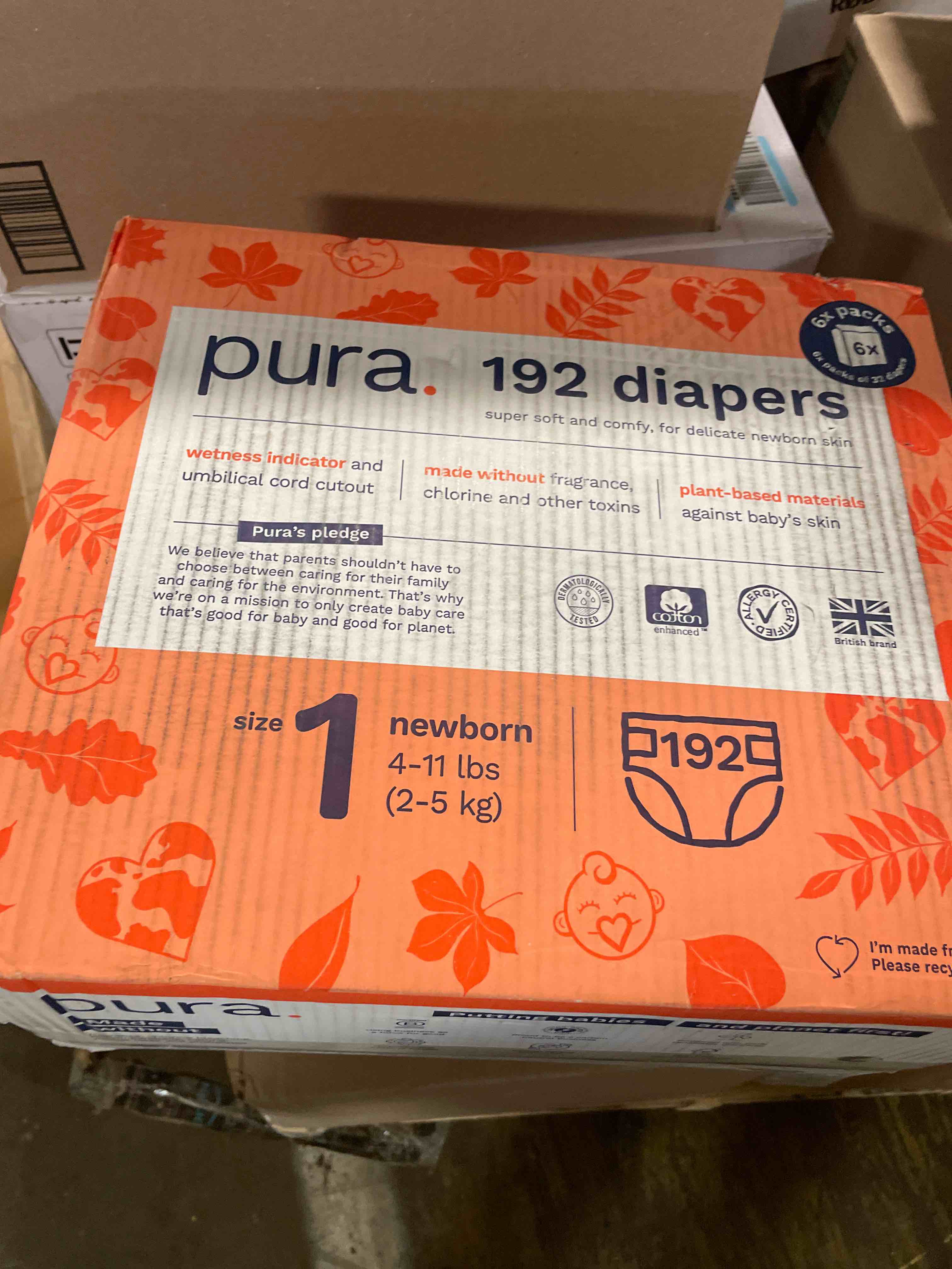 Condition photo showing New/Like New for Pura Size 1 Eco-Friendly Diapers (4-11lbs) Hypoallergenic, Soft Organic Cotton Comfort, Sustainable, Wetness Indicator, Allergy UK, Newborn, Bulk Buy, 6 Packs of 32 (192 Baby Diapers) Size 1 (192 Diapers)