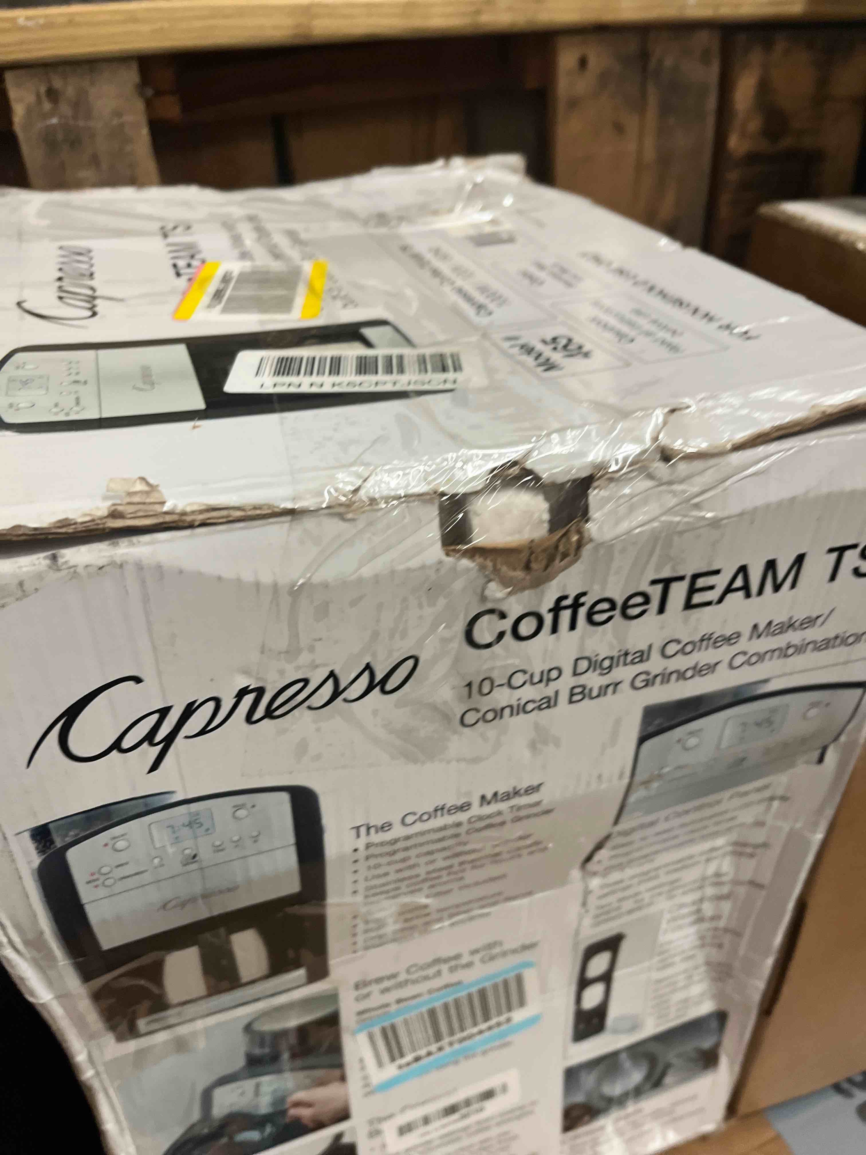 Condition photo showing New/Like New for capresso 465 coffeeteam ts 10-cup digital coffeemaker with conical burr grinder and thermal carafe