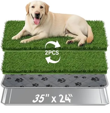Condition photo showing New/Like New for dog grass pad with tray large, 35" x 24" stainless steel dog litter box with 2 premium grass pads & reusable pee pad - durable, rust-proof, easy clean dog toilet for large dogs indoor outdoor use