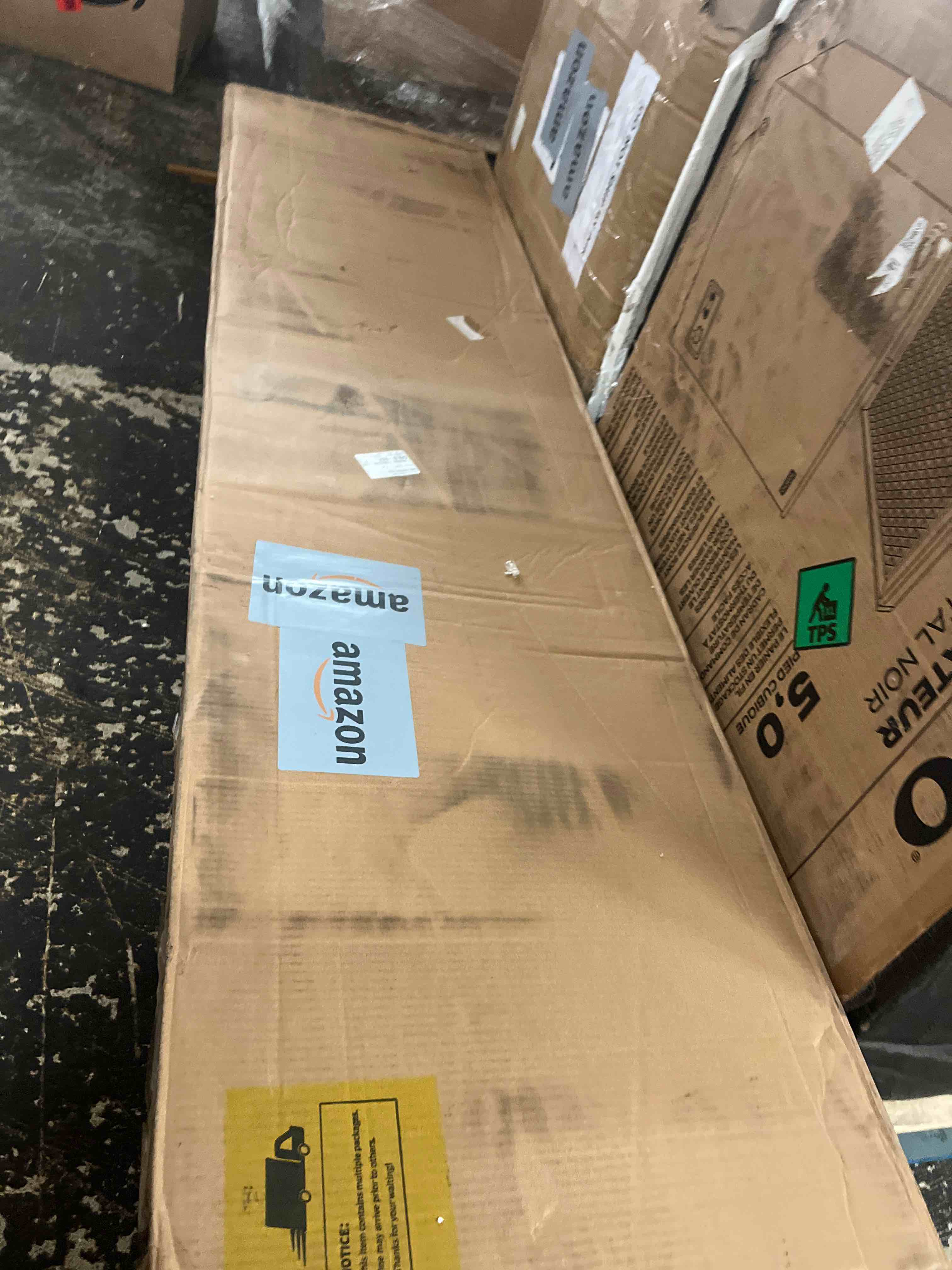 Condition photo showing New/Like New for furnulem queen bed frame with charging station and led lights, grey upholstered headboard with shelves, metal platform bed with 2 under-bed storage (fabric drawer on wheels), no box spring needed