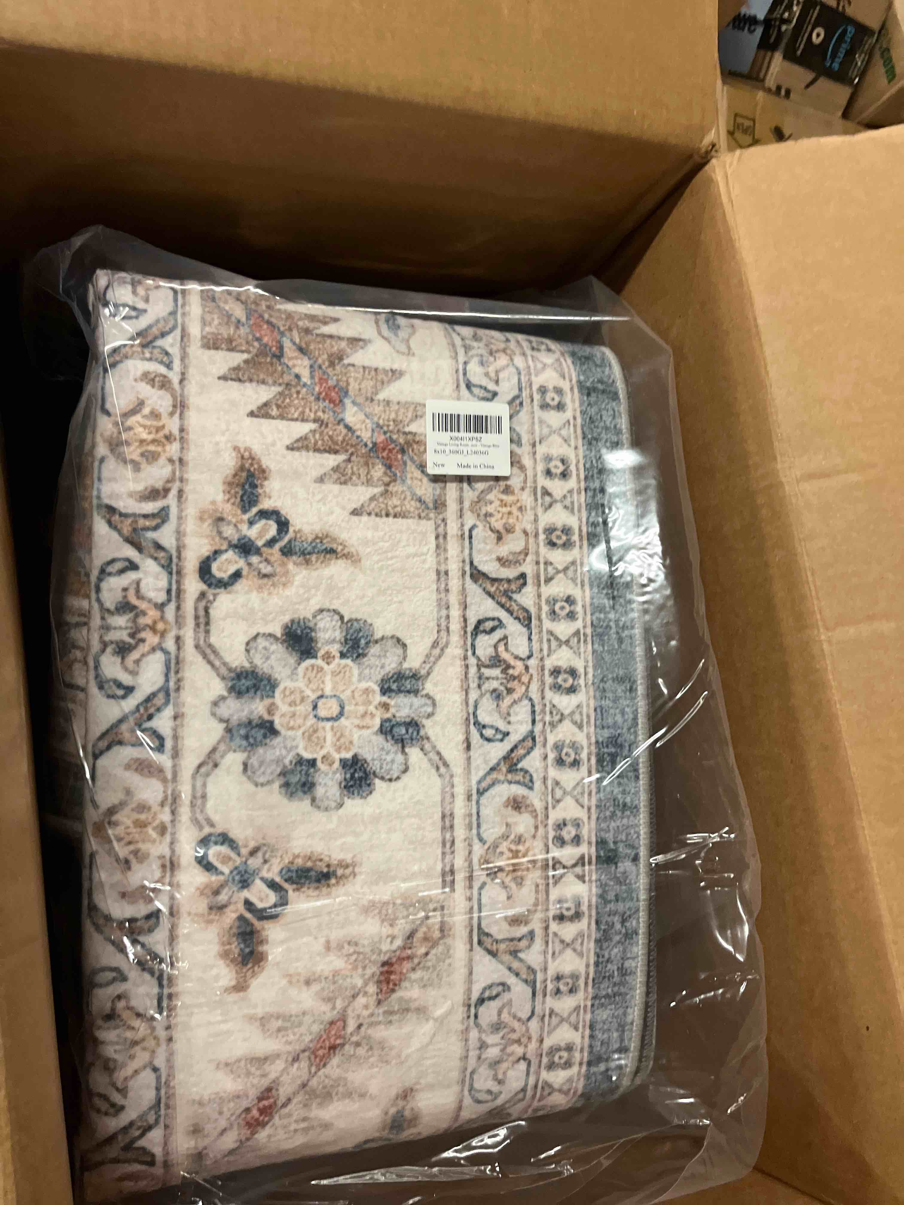 Condition photo showing New/Like New for vintage living room area rug 8x10 - large soft washable oriental traditional distressed farmhouse rugs for bedroom - indoor floor accent carpet for home office house decor - vintage blue