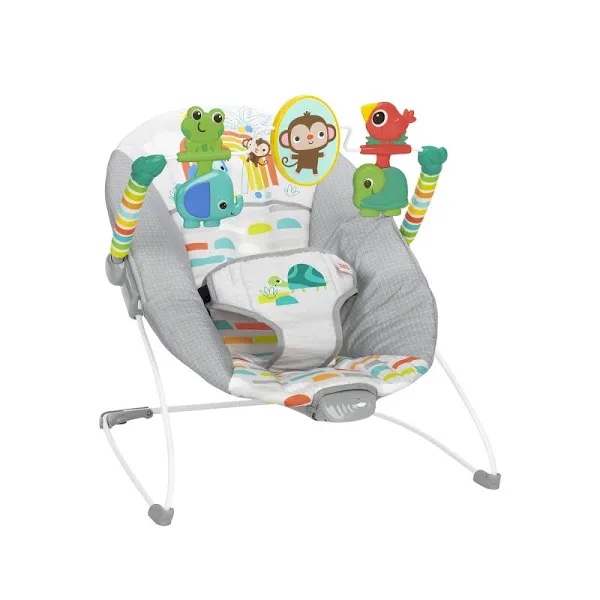 Condition photo showing New/Like New for bright starts playful paradise comfy baby bouncer seat with soothing vibration and toys, unisex, 0-6 months