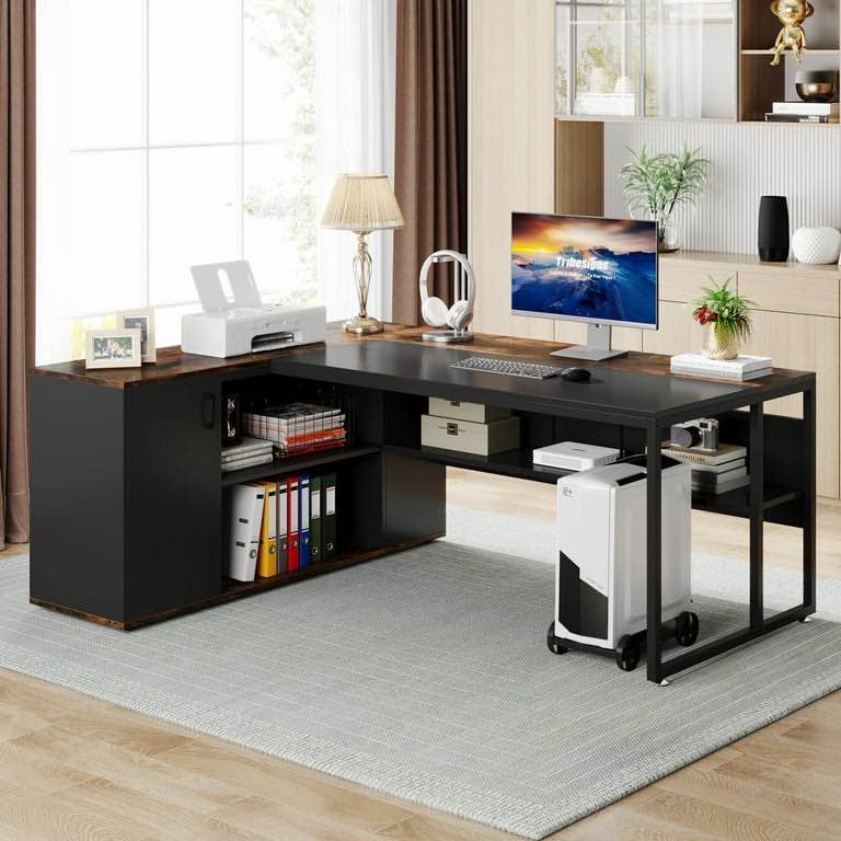 Condition photo showing Good Condition for tribesigns 71 inch l shaped executive desk with cabinet storage, rustic brown business furniture desk workstation with shelves for home office