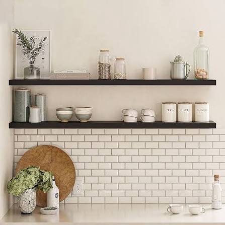 Condition photo showing New/Like New for ballucci floating shelves for wall, 60" wood wall shelf set of 2, with invisible brackets for bathroom, living room, bedroom, kitchen, nursery, 8" deep, black