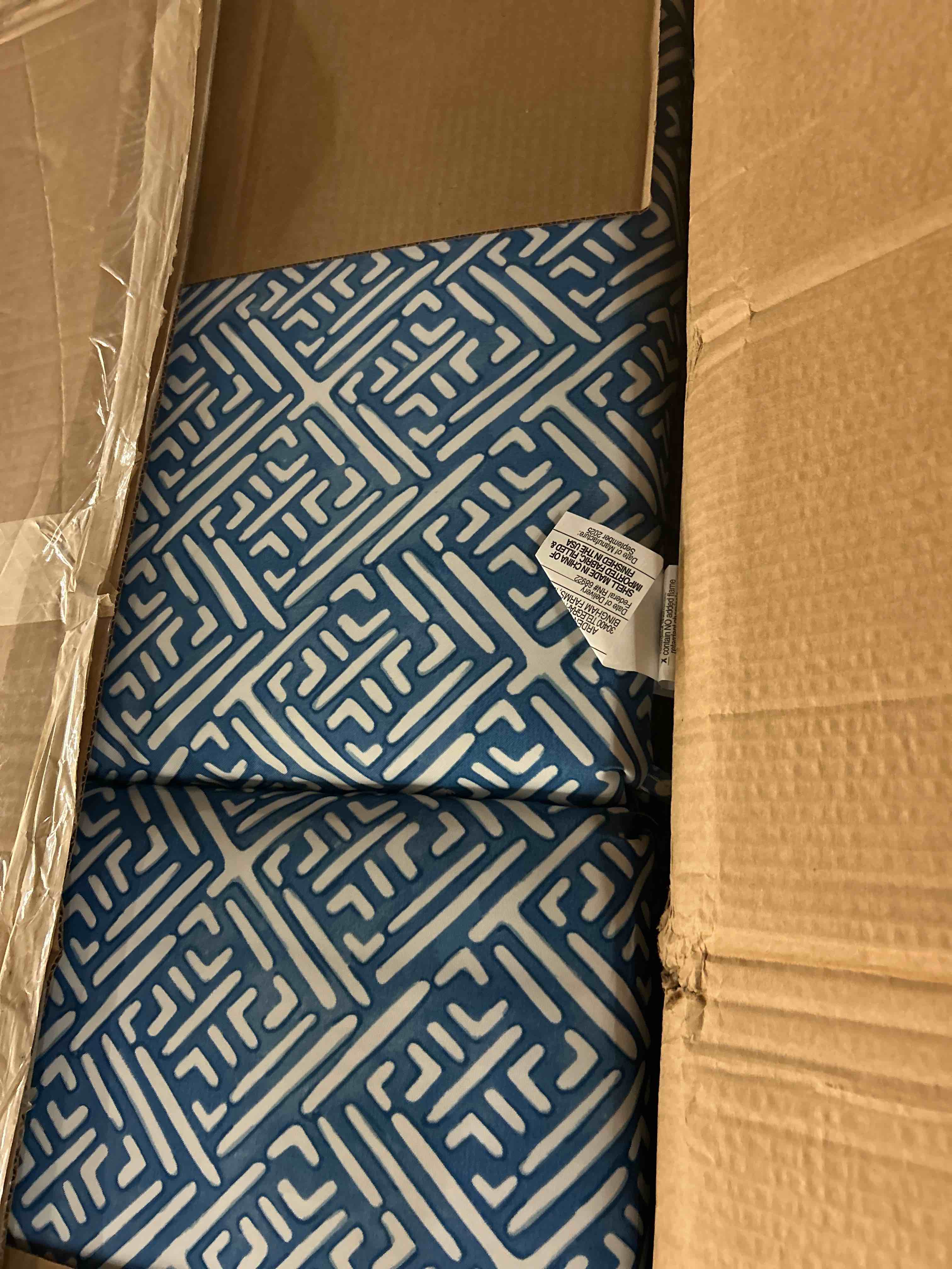 Condition photo showing New/Like New for arden deep seat outdoor chair cushion set (2-pack), 24 in x 24 in, weather-proof, rain-proof, fade resistant patio cushion set for chair, sofa, and couch amalfi blue tile