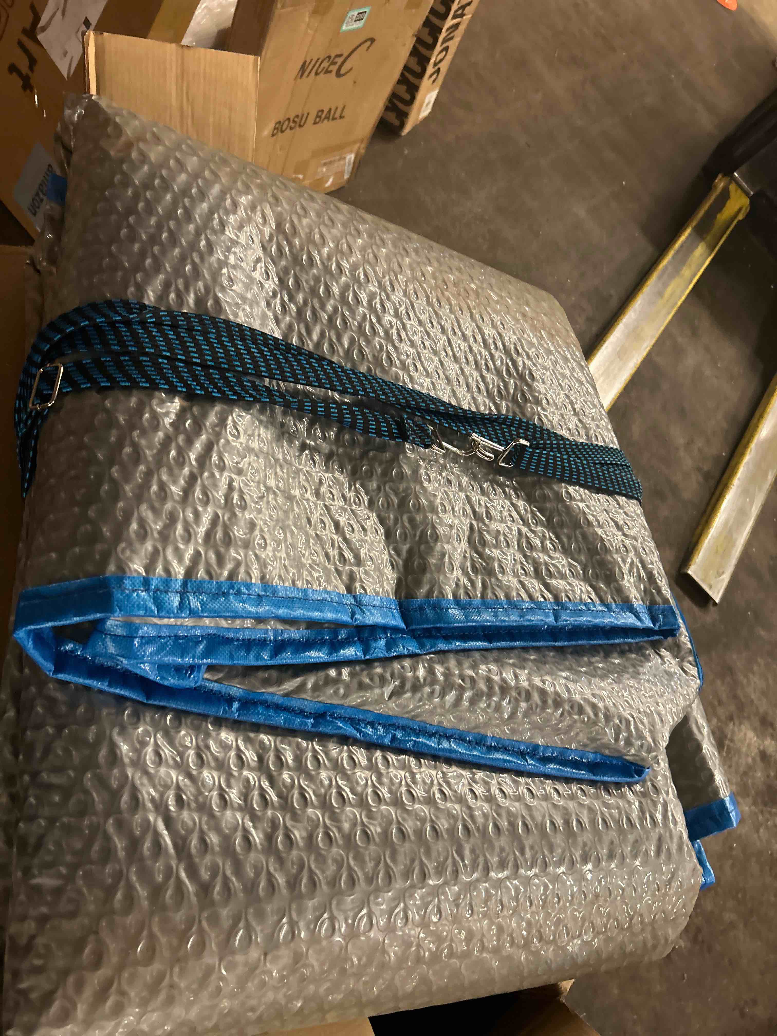Condition photo showing Good Condition for hot tub cover 85 x 85 x 22 in, solar spa cover with 500um thermal bubble pe sheet & wind straps, side-drop wrap for 84/83/82 in square outdoor spa, silver gray
