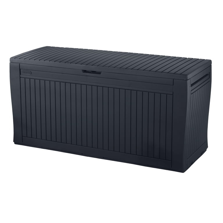 Condition photo showing New/Like New for keter comfy 70 gallon durable resin outdoor storage deck box ideal store garden tools and pool toys, graphite grey