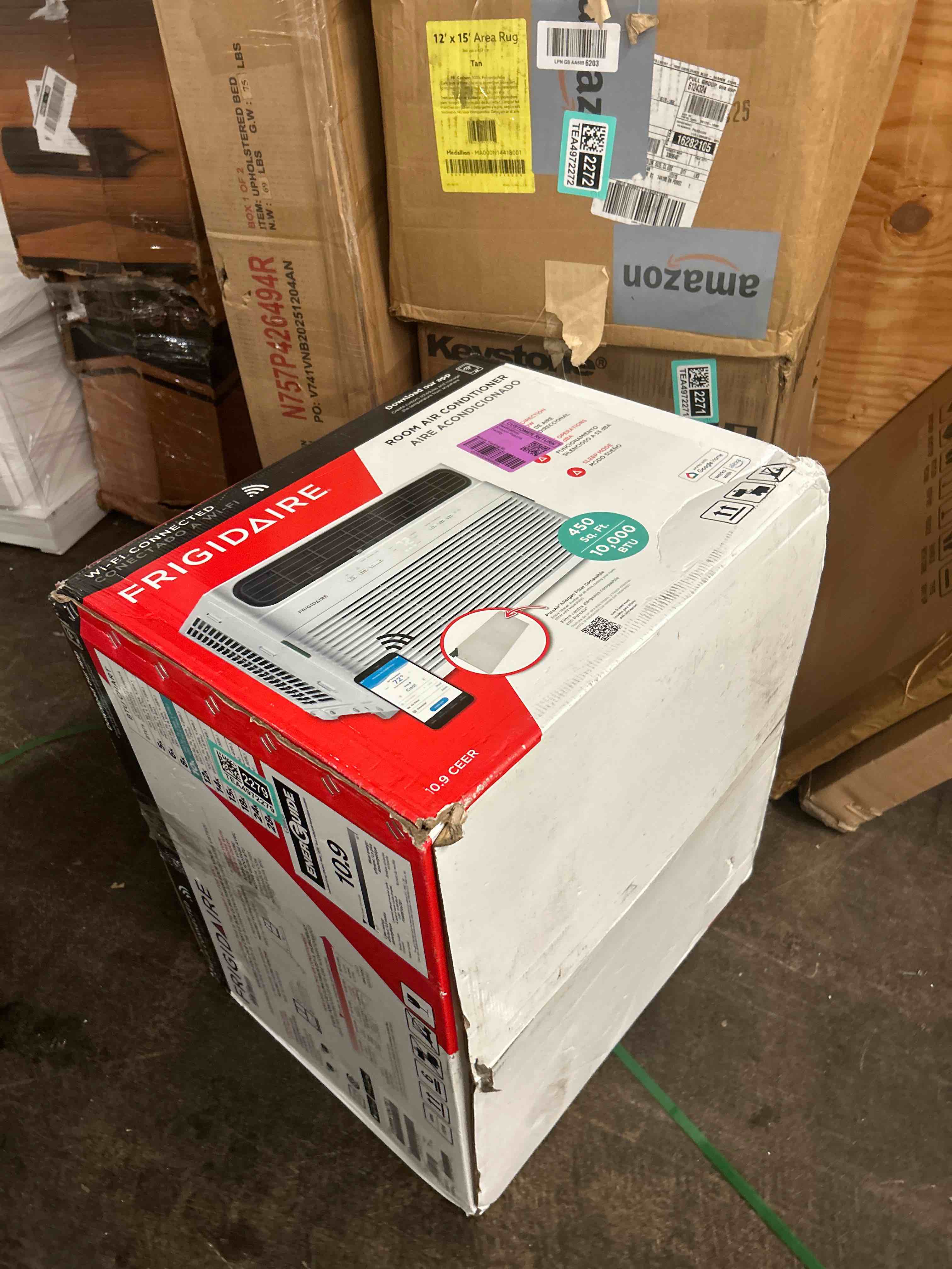 Condition photo showing New/Like New for frigidaire 10,000 btu smart window air conditioner with wi-fi, cools up to 450 sq. ft., remote control, quiet operation, eco mode, 3 fan speeds, white