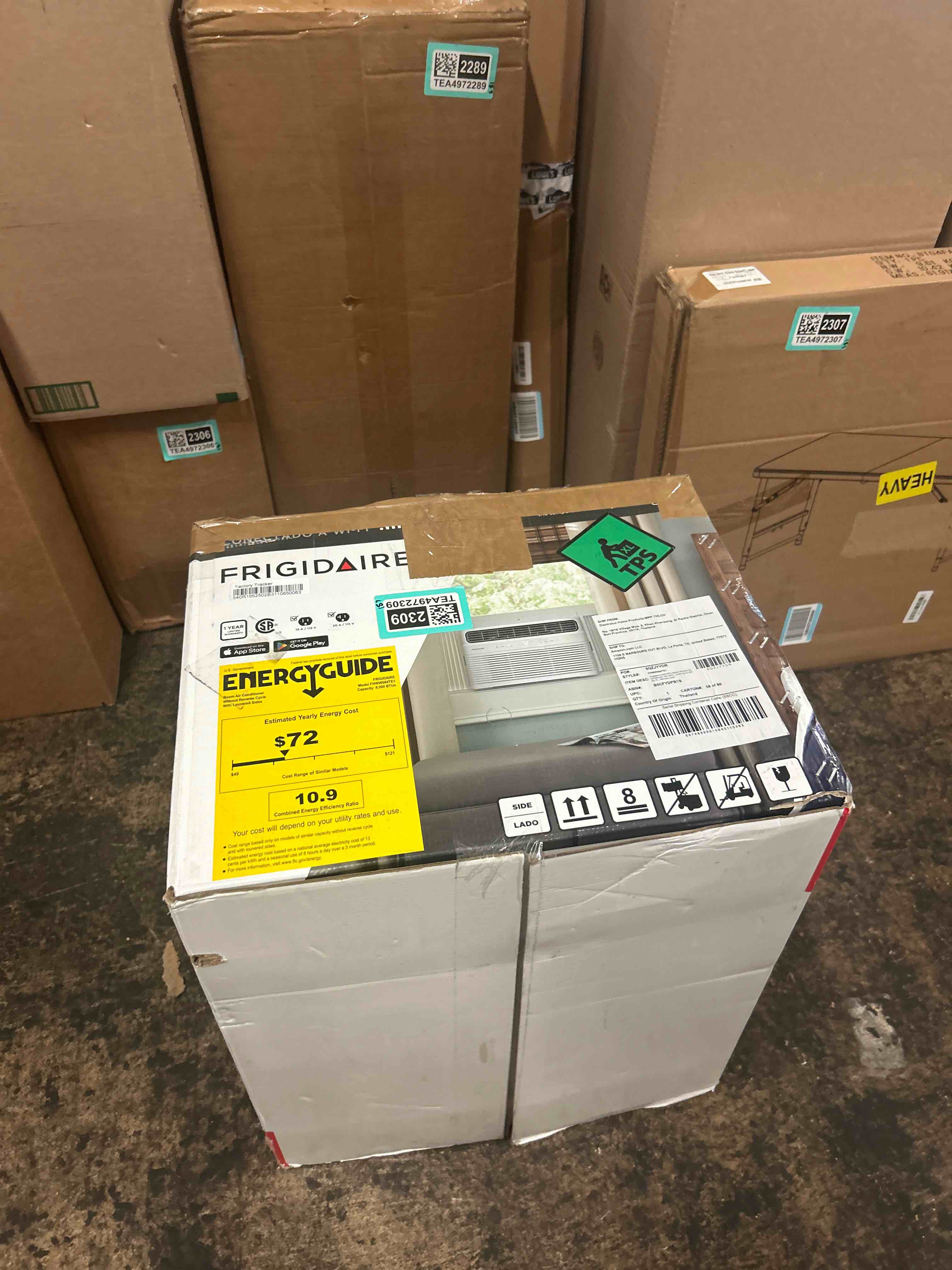 Condition photo showing New/Like New for frigidaire 8,000 btu smart window air conditioner with wi-fi, cools up to 350 sq. ft., remote control, quiet operation, eco mode, 3 fan speeds, white