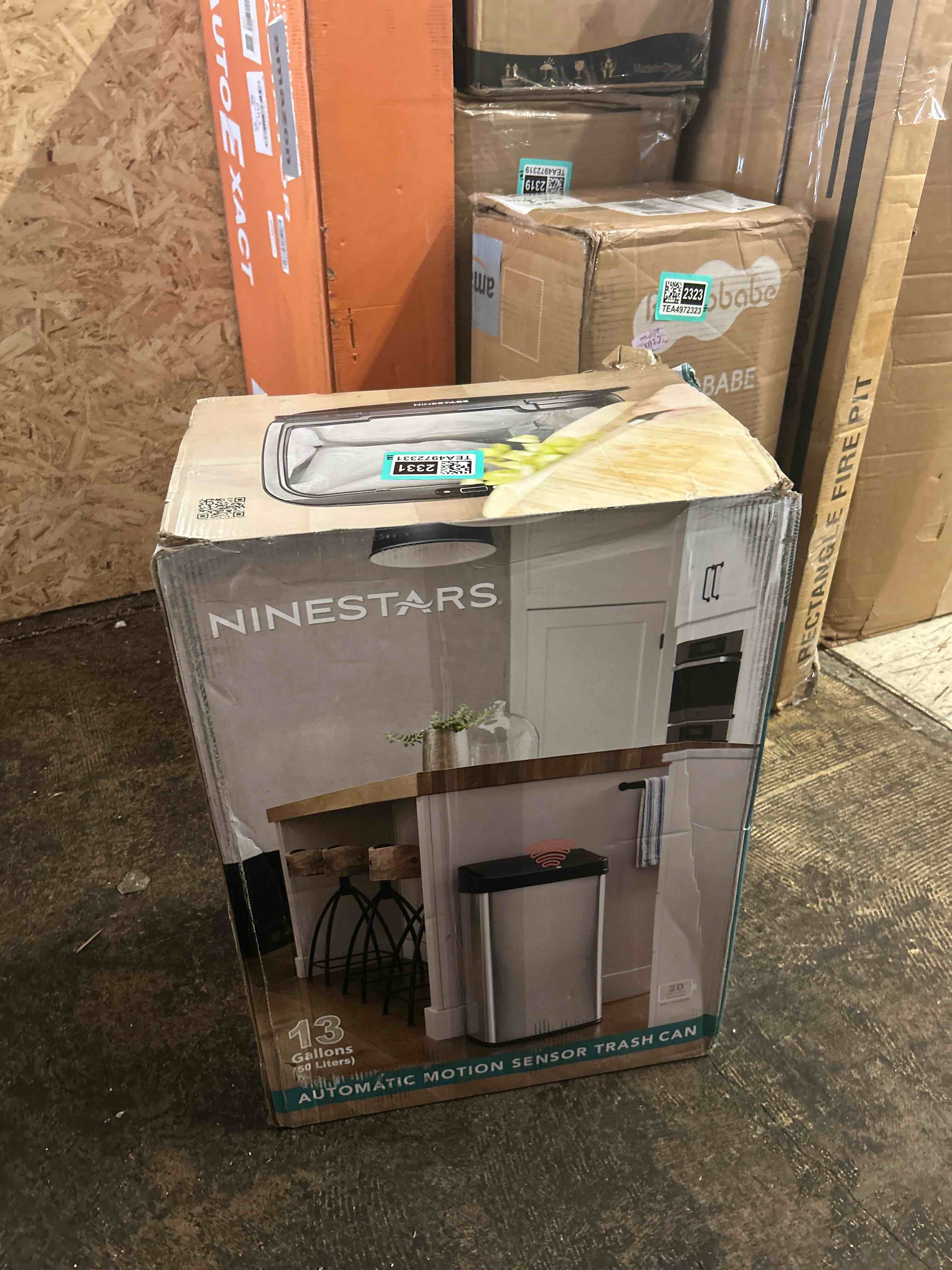 Condition photo showing New/Like New for ninestars 13 gallon automatic trash can, 50l touchless motion sensor garbage can with odor-sealing lid, rectangular stainless steel, black trim
