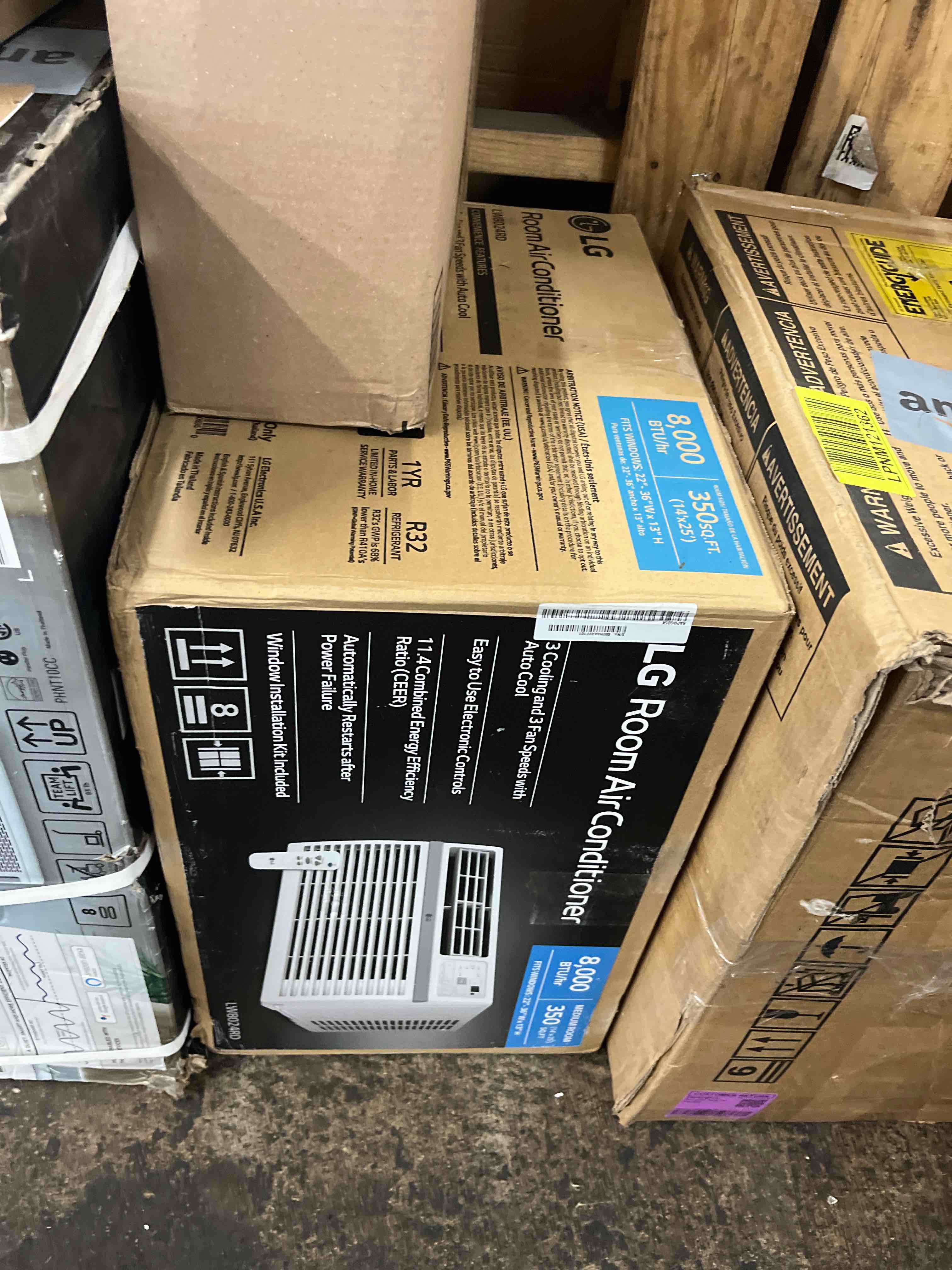 Condition photo showing New/Like New for lg 8,000 window air conditioner, 115v, 350 sq.ft. (14' x 25' room size), quiet operation, electronic control with remote, 3 cooling & fan speeds, auto restart, 8000 btu, white
