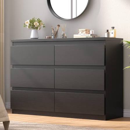 Condition photo showing New/Like New for jocoevol black 6 drawer dresser for bedroom, 15.3" d x 47.2" w x 32.3" h in simply modern chest of drawers, wood storage double dresser with deep drawers for living room, hallway entryway, black