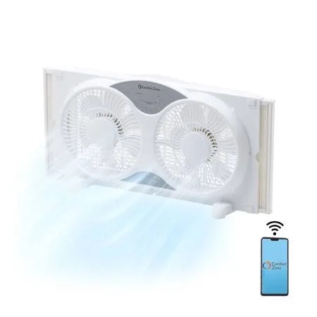 comfort zone 9-inch window fan with dual 3-speed fans, auto-locking expanders, 3 modes (cool, circulate, exhaust), wi-fi app control, fabric cover & bug screen