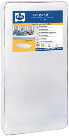 sealy baby perfect rest waterproof crib mattress plus toddler bed fit, premium 150 extra firm coils, non toxic, airy cushioning, greenguard gold certified, safety & quality tested, made in usa, 52x28"
