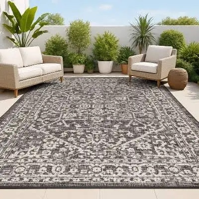 jonathan y boho medallion indoor outdoor area rug 8x10 ft lack/gray, estrella textured weave for backyard, patio, porch, easy-cleaning, high traffic, pet-friendly, non-shedding (smb105d-8)