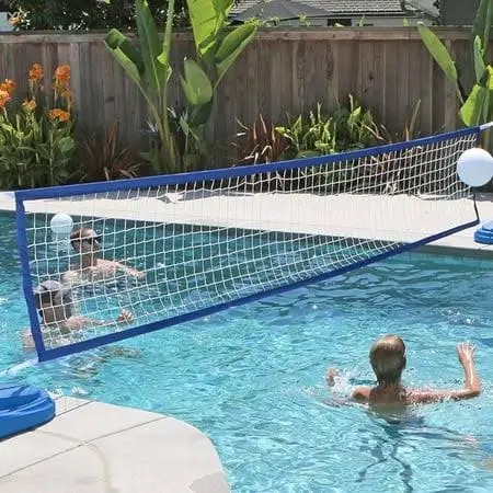 gosports splash net pro pool volleyball net - red, white, or blue - includes 2 water volleyballs and pump