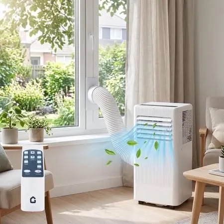 serenelife small air conditioner portable 10,000 btu with built-in dehumidifier - portable ac unit for rooms up to 450 sq ft - wifi app + remote control, window mount exhaust kit