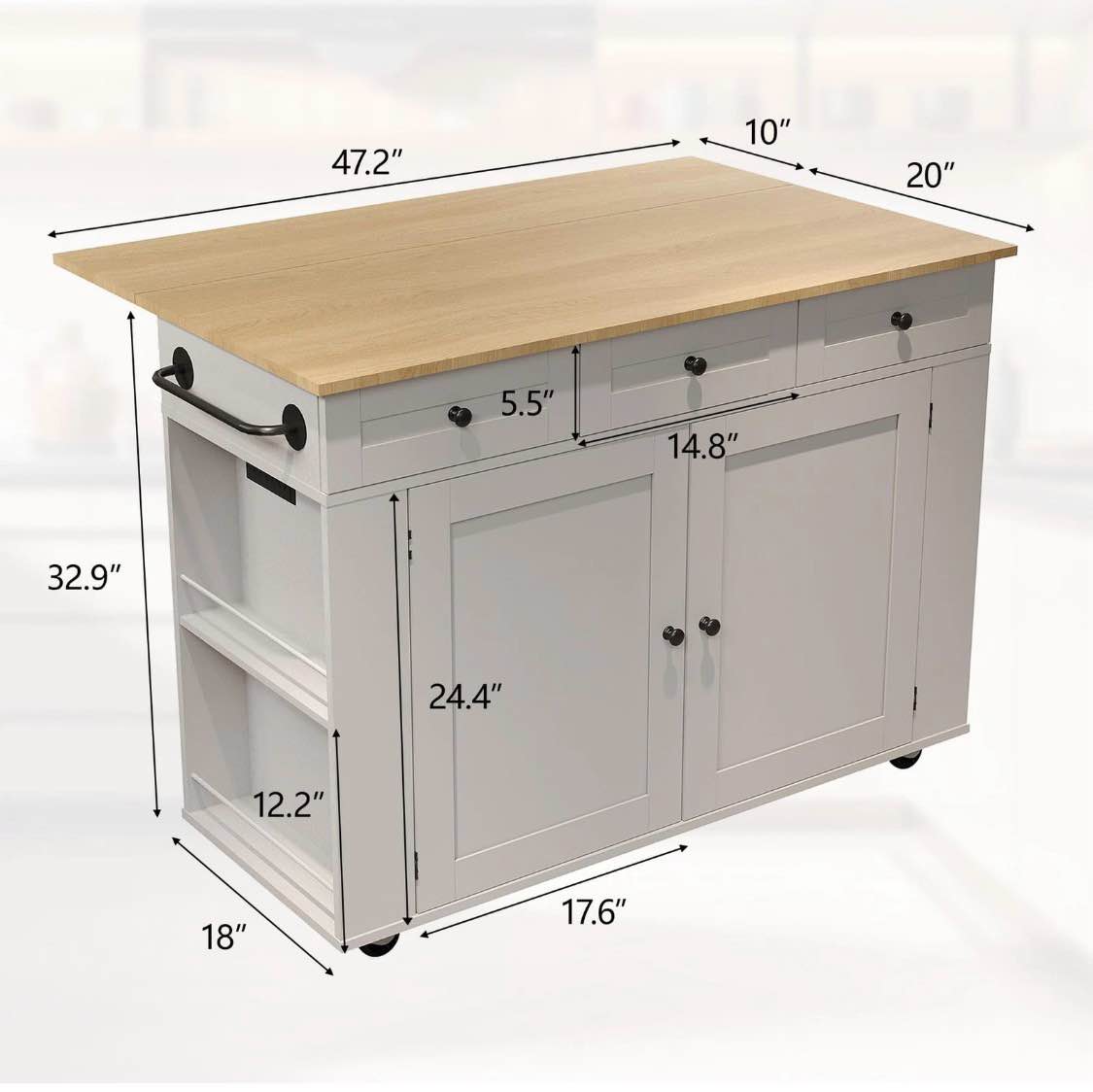 garveehome rolling kitchen island with drop leaf countertop, charging station & ample storage - 47.2 in mobile kitchen cart on wheels with pull-out shelves, drawers, spice rack & organizer divider