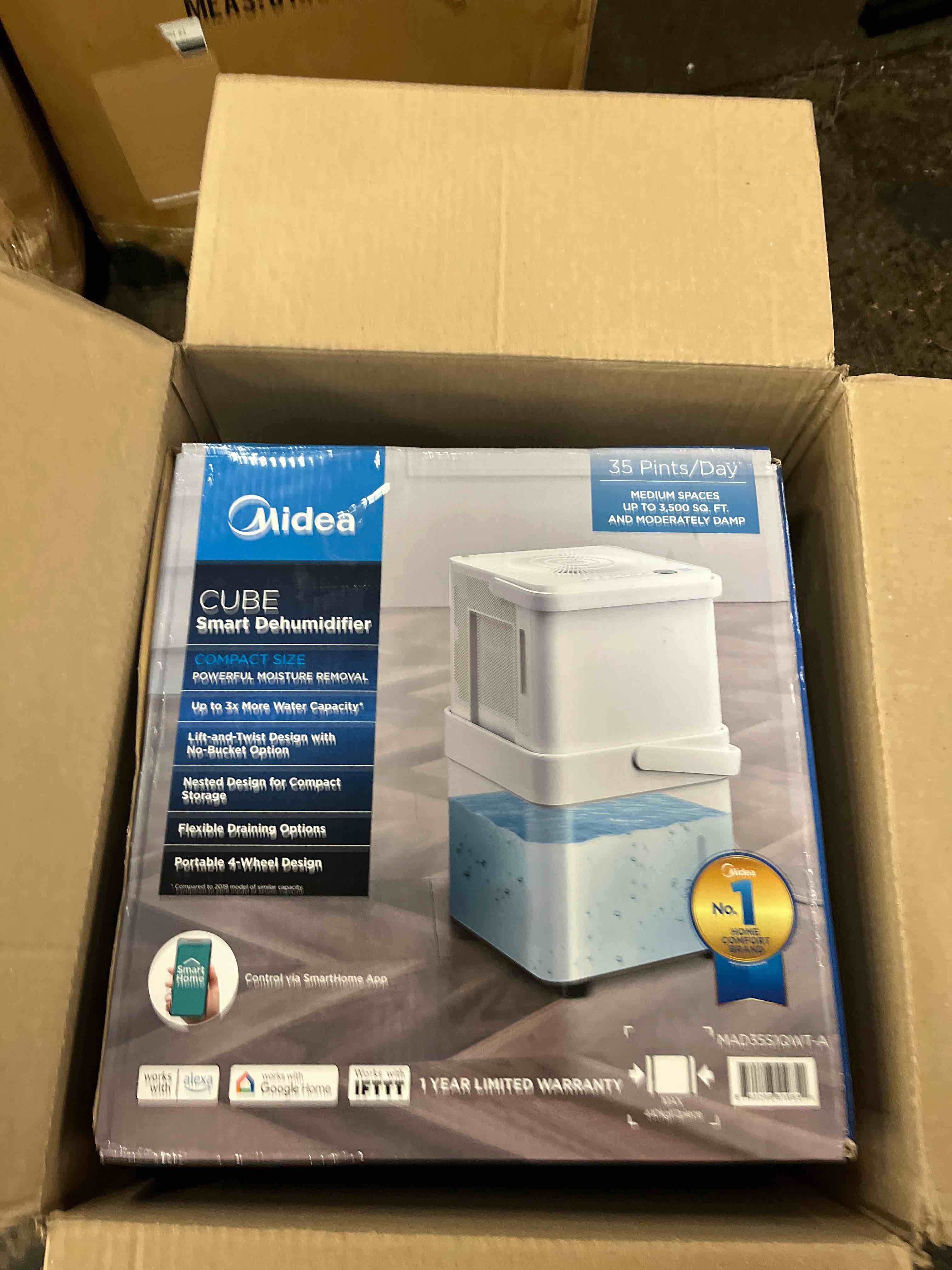 Condition photo showing New/Like New for midea cube 35 pint dehumidifier for basement and rooms at home for up to 3,500 sq. ft., smart control, compatible with alexa (white), drain hose included