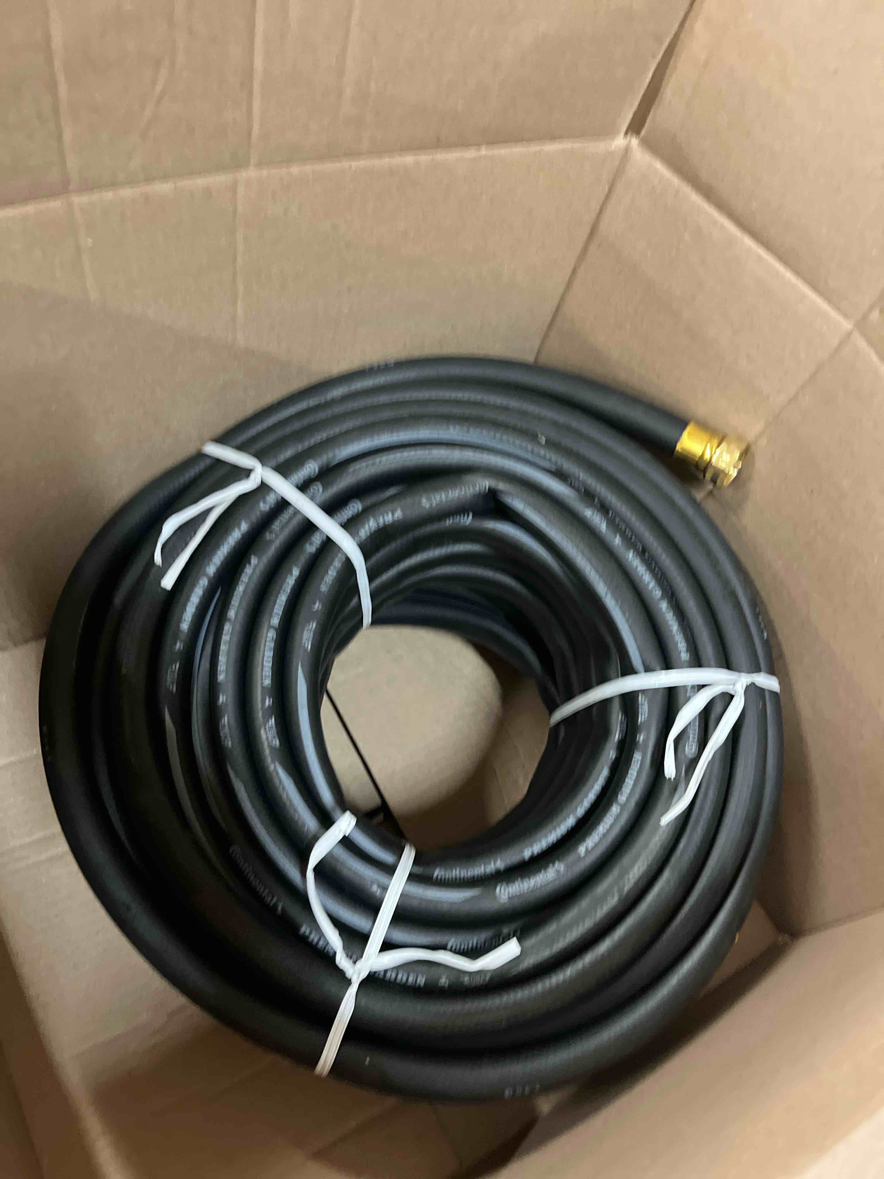 Condition photo showing New/Like New for guitrees garden hose 100ft x 3/4'', heavy duty rubber hose, water hose with five-layered braiding, male female fittings, 1000psi burst, 300psi working (black)