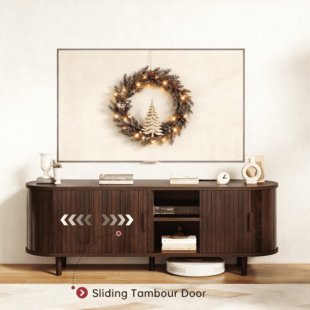Condition photo showing Good Condition for easoger 58"tv stand with curved profile sliding doors, entertainment center fits tvs up to 65'', faux marble top, spacious console table with adjustable shelves for living room, bedroom, brown
