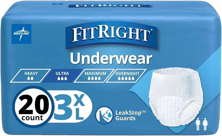 2 - pack fitright adult incontinence underwear, heavy absorbency, 3x-large, 75"-94" waist (20 count)